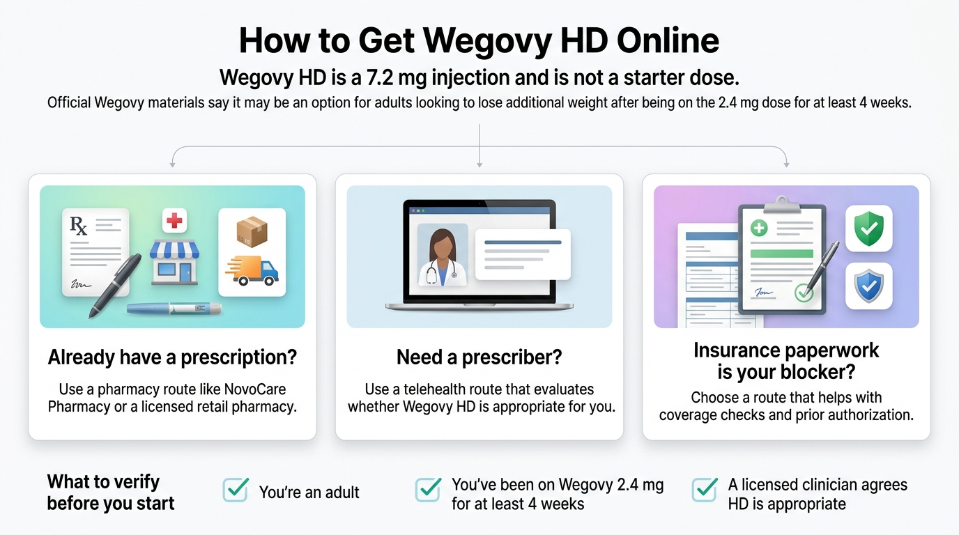 Wegovy HD online route map — April 2026: NovoCare Pharmacy ($399/mo, fill-only, no membership fee), WeightWatchers Med+ (telehealth + HD-specific pricing published, $249–$399/mo), Ro Body (insurance/PA concierge, membership from $39/mo), GoodRx for Weight Loss ($399/mo + $39/mo care fee, local pickup). Updated April 16, 2026.