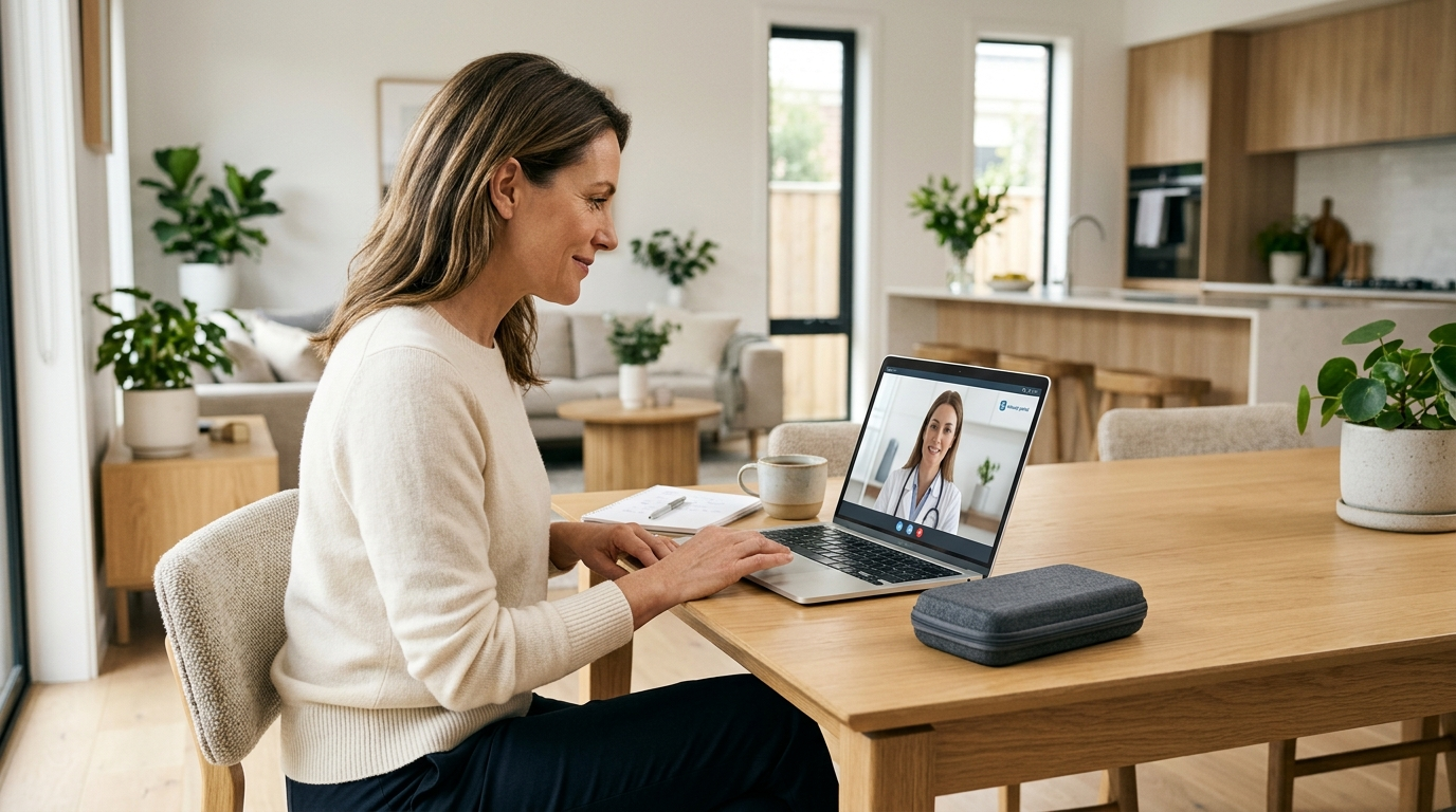 Woman at laptop researching Wegovy HD telehealth options — comparing WeightWatchers Med+, Ro Body, and NovoCare Pharmacy for getting the 7.2 mg dose online in 2026.