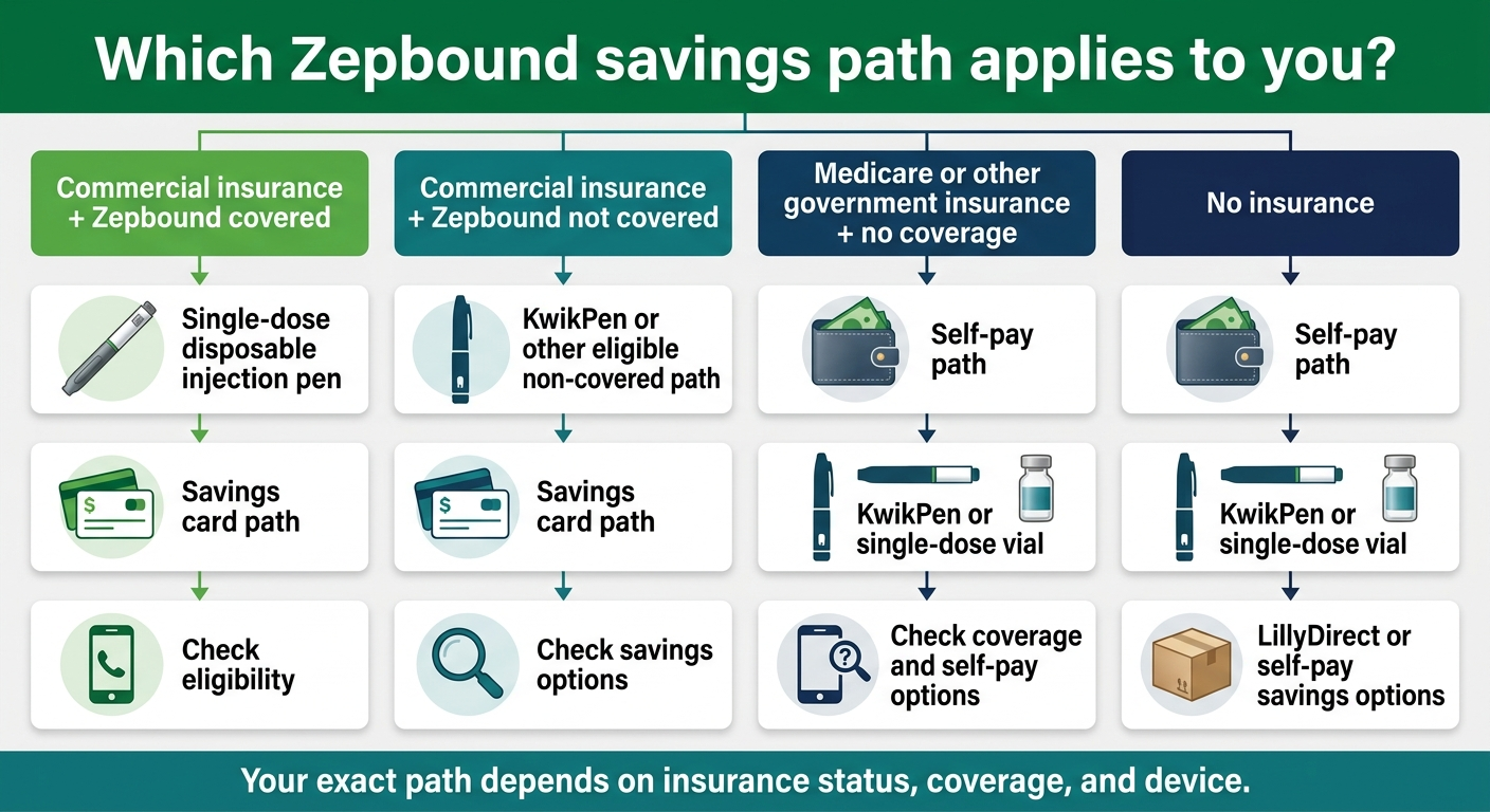 Which Zepbound savings path applies to you? Decision matrix: Commercial insurance + Zepbound covered → single-dose pen → Savings Card → check eligibility. Commercial insurance + Zepbound not covered → KwikPen → Savings Card → check savings options. Medicare/government insurance → KwikPen or vials → LillyDirect. No insurance → KwikPen or vials → LillyDirect self-pay. April 2026.