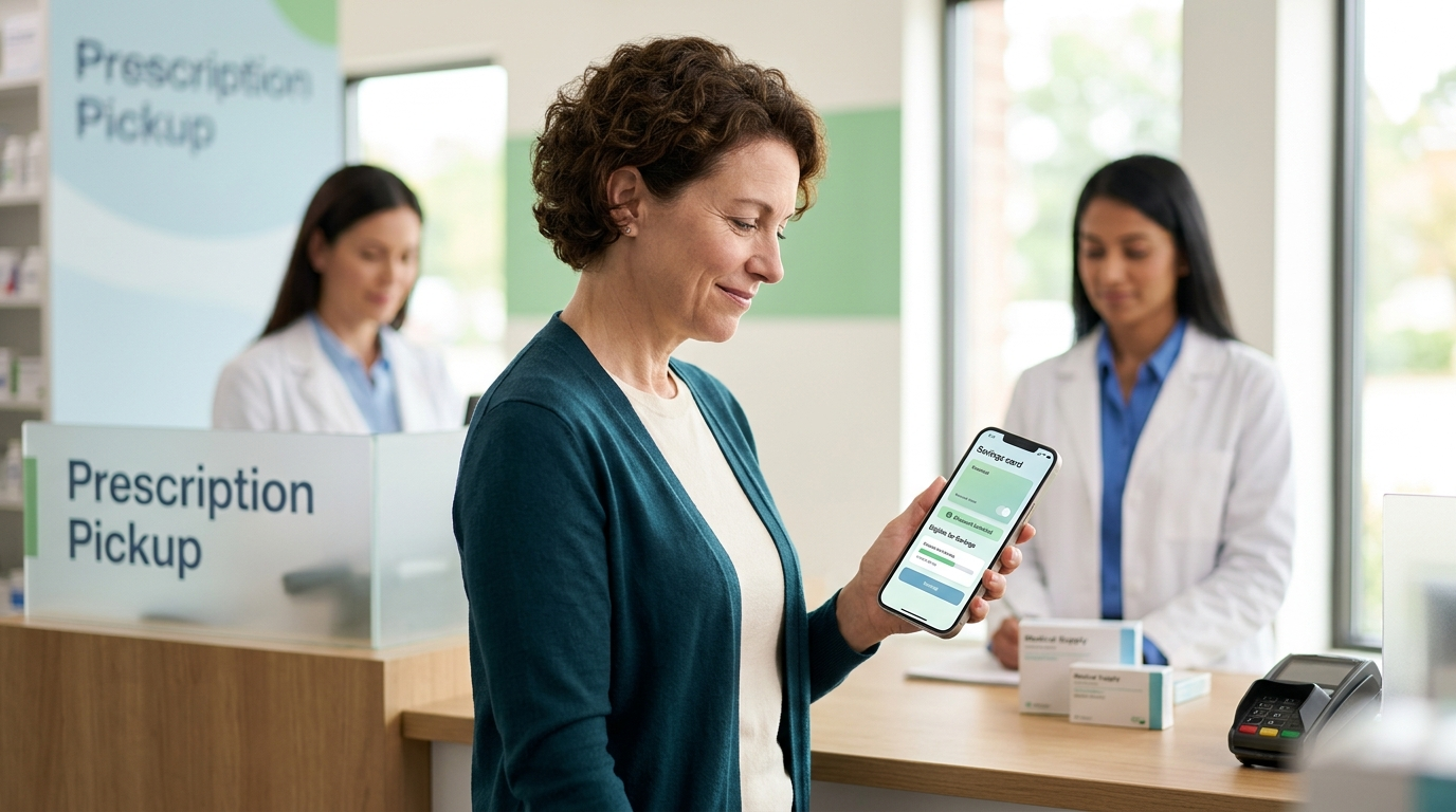 Woman at pharmacy prescription pickup counter checking her Zepbound Savings Card on her phone — showing the digital card with BIN, PCN, and Group numbers needed to process the Lilly manufacturer copay discount.