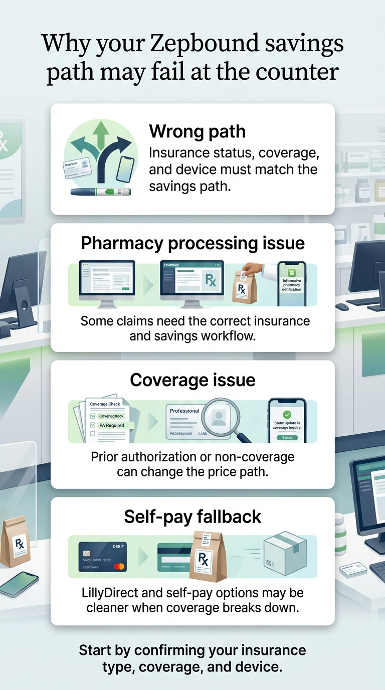 Why your Zepbound savings path may fail at the counter: Wrong path (insurance status, coverage, and device must match); Pharmacy processing issue (some claims need the correct insurance and savings workflow); Coverage issue (prior authorization or non-coverage can change the price path); Self-pay fallback (LillyDirect and self-pay options may be cleaner when coverage breaks down). Start by confirming your insurance type, coverage, and device.