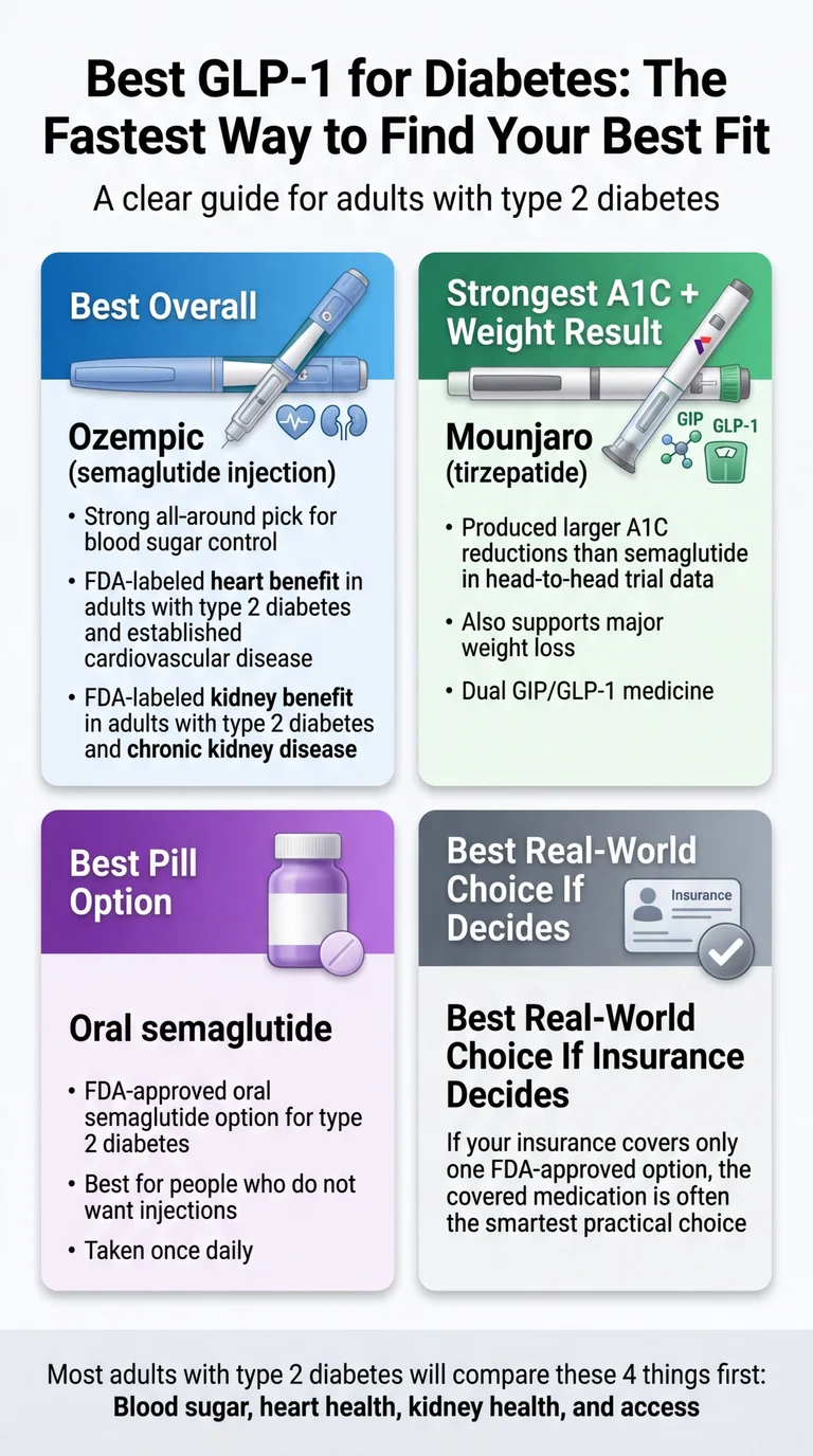 Best GLP-1 for diabetes: comparison overview of Ozempic (best overall), Mounjaro (strongest A1C + weight), oral semaglutide (best pill), and insurance-based choice