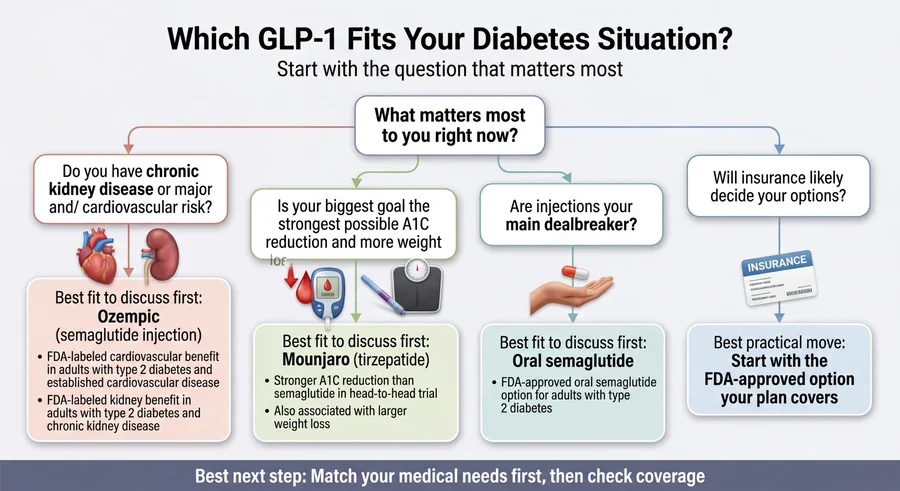 Decision flowchart: Which GLP-1 fits your diabetes situation? Four paths based on kidney/heart disease, A1C goals, injection preference, and insurance coverage