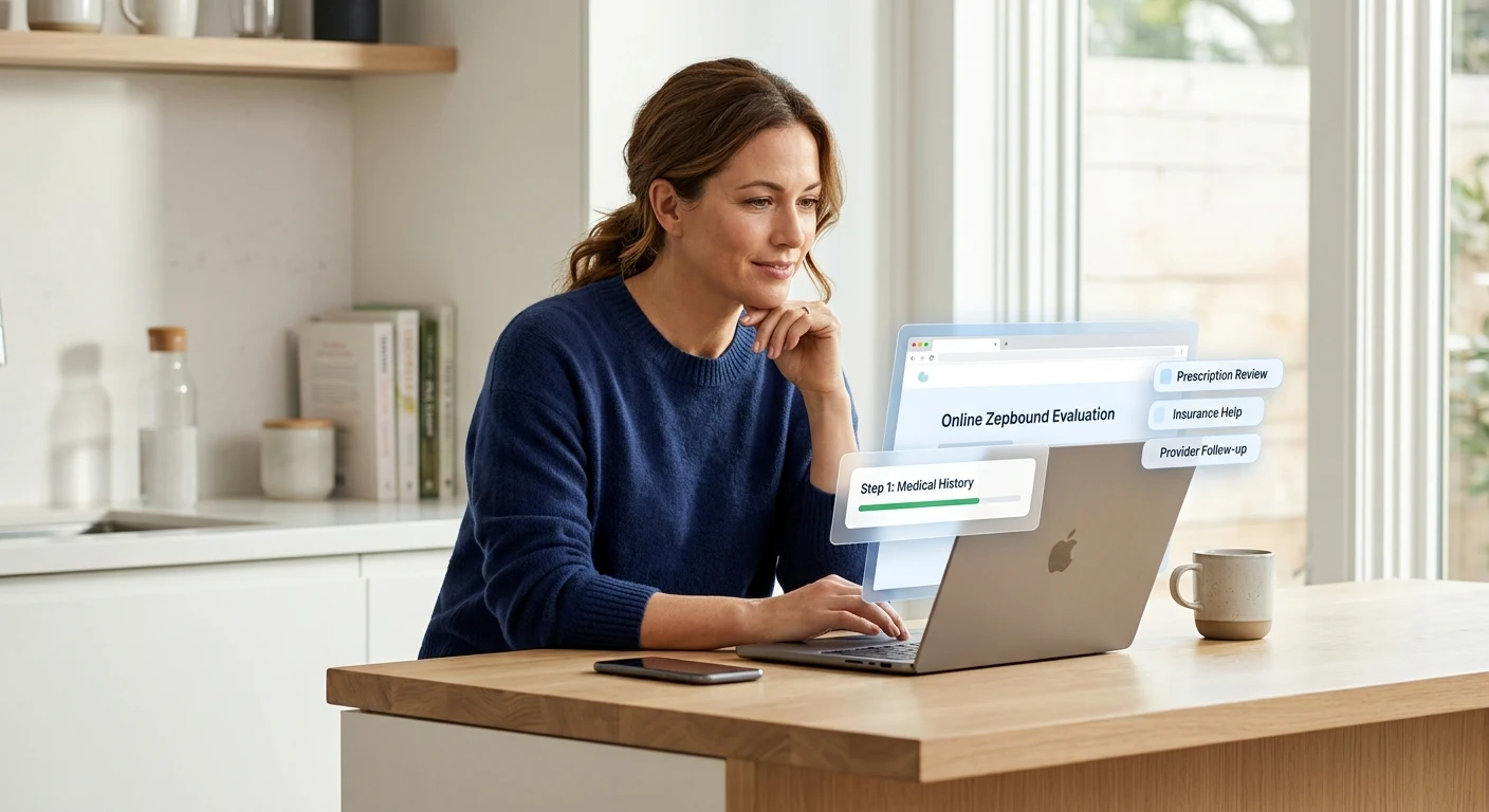 Person at laptop completing online Zepbound evaluation — showing prescription review, insurance help, and provider follow-up steps