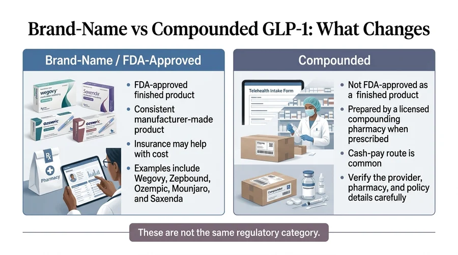 Brand-name vs compounded GLP-1: FDA-approved options (Wegovy, Zepbound, Ozempic, Mounjaro) vs compounded options prepared by licensed pharmacies — not FDA-approved as finished products