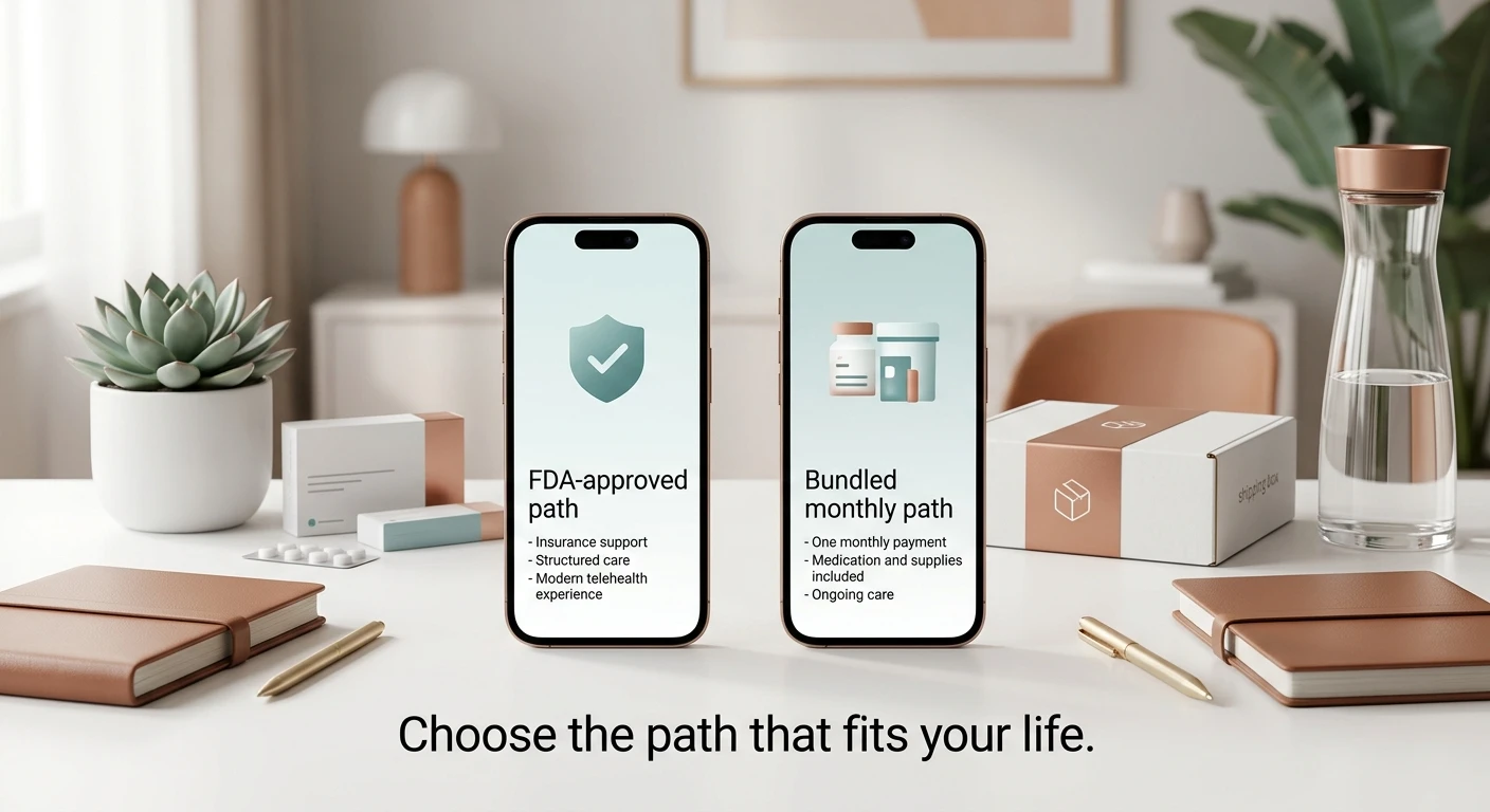 Choose the path that fits your life: FDA-approved path with Ro or bundled monthly path with Henry Meds