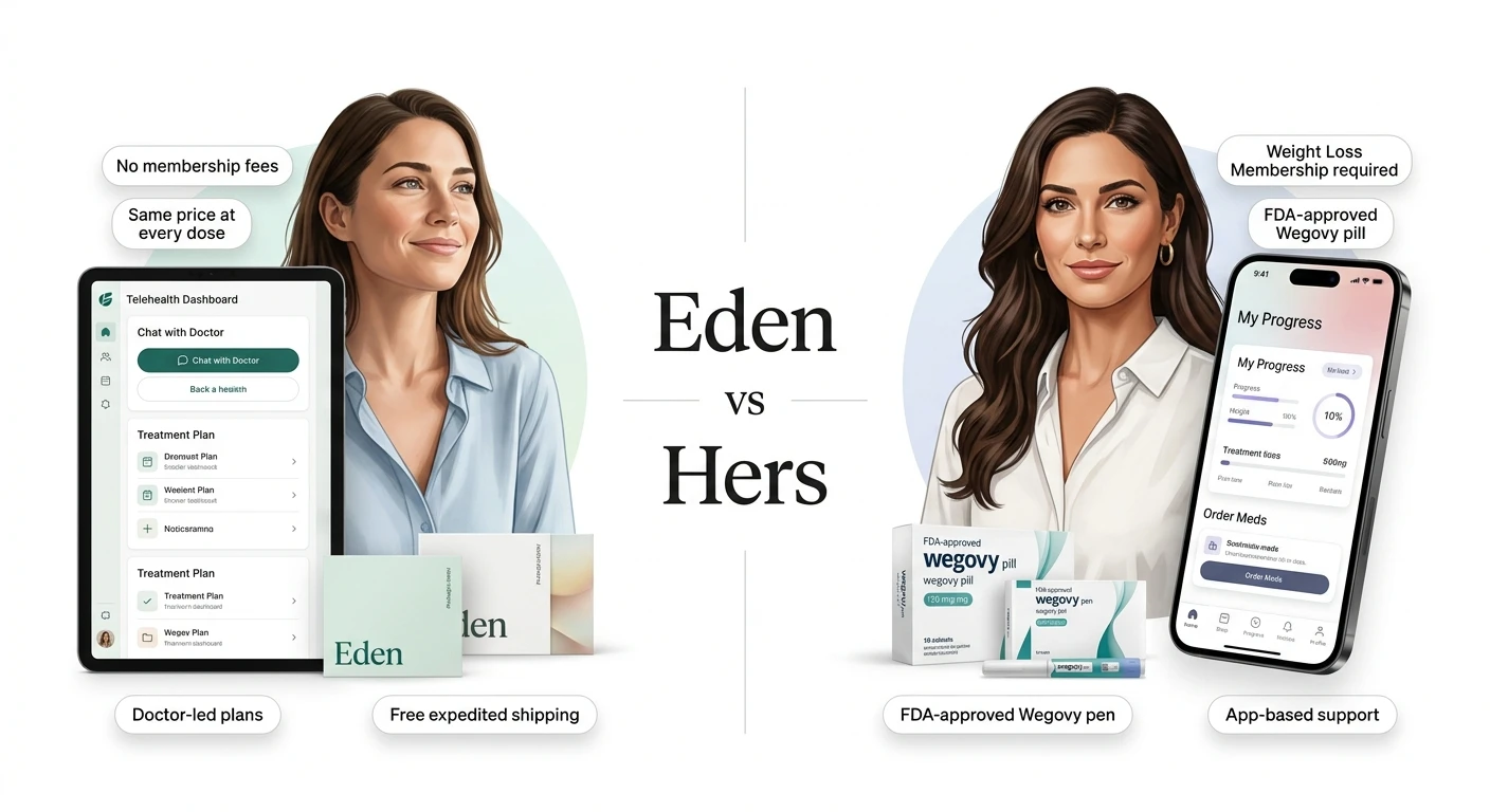 Eden vs Hers comparison: Eden features no membership fees, same price at every dose, doctor-led plans, and free expedited shipping shown alongside a telehealth dashboard. Hers features weight loss membership required, FDA-approved Wegovy pill and pen, and app-based support shown alongside a progress tracking app.