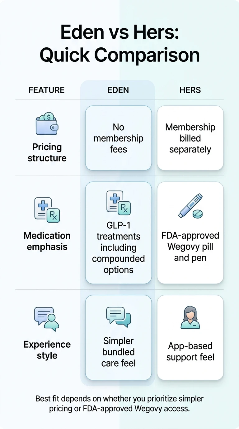 Eden vs Hers quick comparison infographic. Pricing structure: Eden has no membership fees; Hers has membership billed separately. Medication emphasis: Eden offers GLP-1 treatments including compounded options; Hers offers FDA-approved Wegovy pill and pen. Experience style: Eden has simpler bundled care feel; Hers has app-based support feel. Best fit depends on whether you prioritize simpler pricing or FDA-approved Wegovy access.