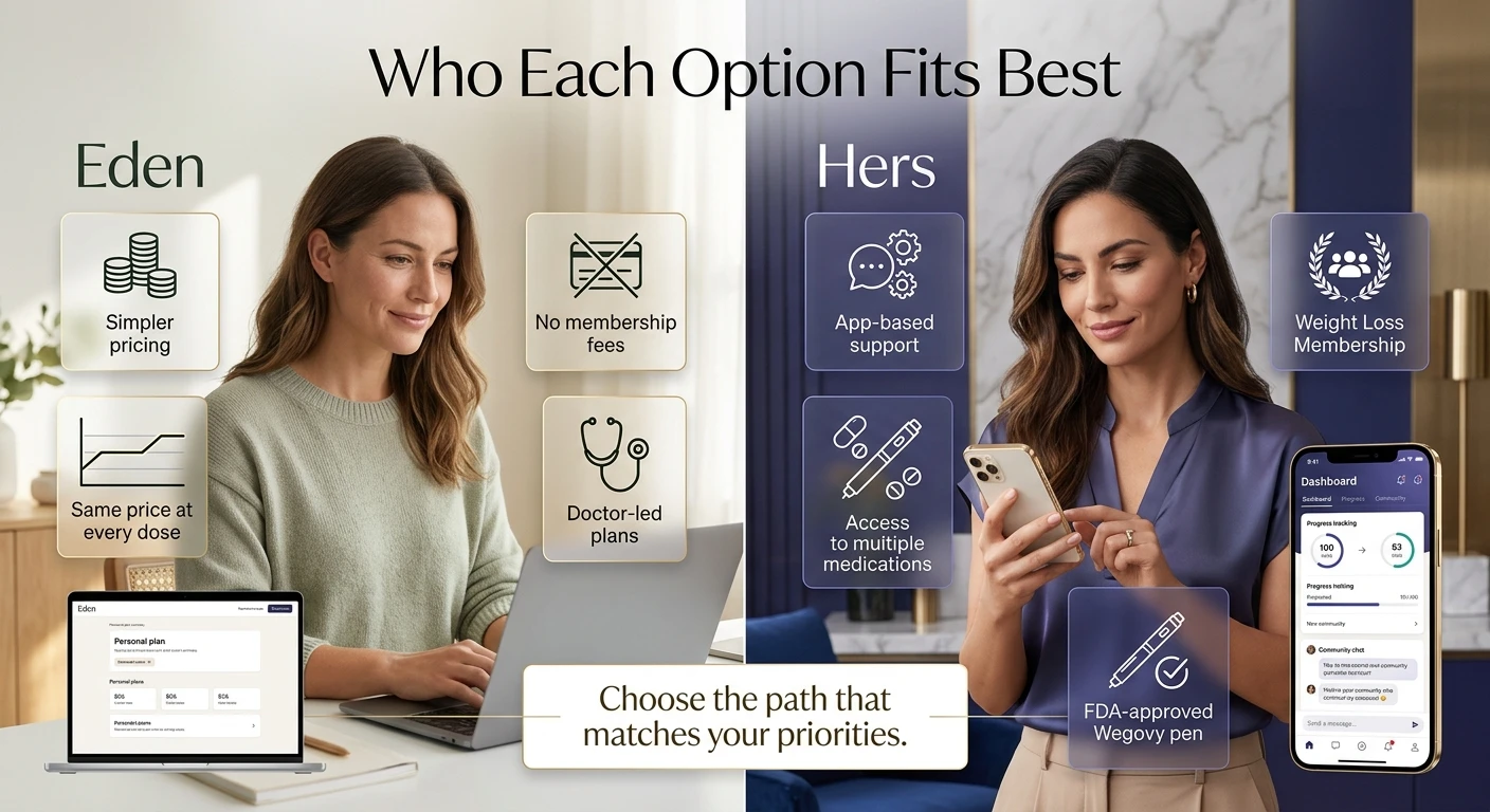Who each option fits best: Eden fits people who want simpler pricing, no membership fees, same price at every dose, and doctor-led plans. Hers fits people who want app-based support, access to multiple medications, weight loss membership, and FDA-approved Wegovy pen. Choose the path that matches your priorities.