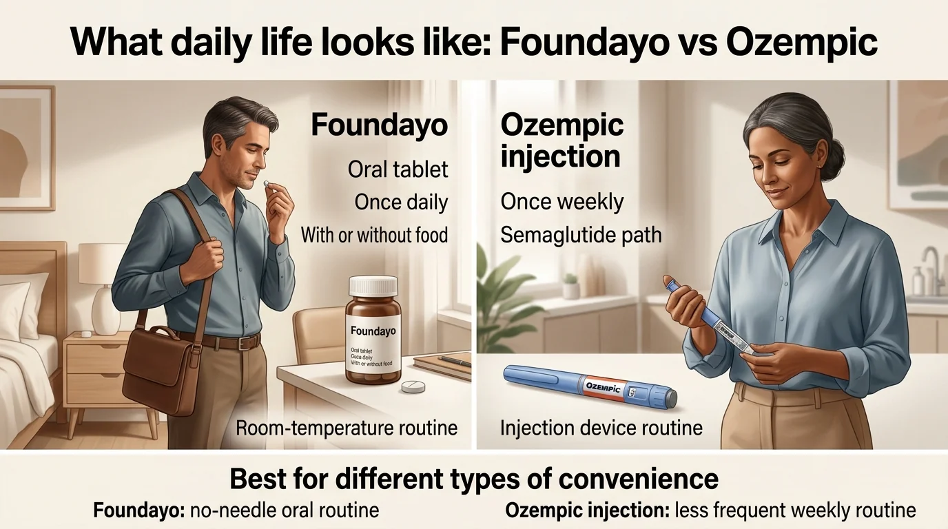 What daily life looks like: Foundayo vs Ozempic. Left: man taking oral tablet on-the-go with briefcase — Foundayo oral tablet, once daily, with or without food, room-temperature routine. Right: woman preparing Ozempic injection pen — Ozempic injection, once weekly, semaglutide path, injection device routine. Caption: Best for different types of convenience — Foundayo no-needle oral routine; Ozempic injection less-frequent weekly routine.