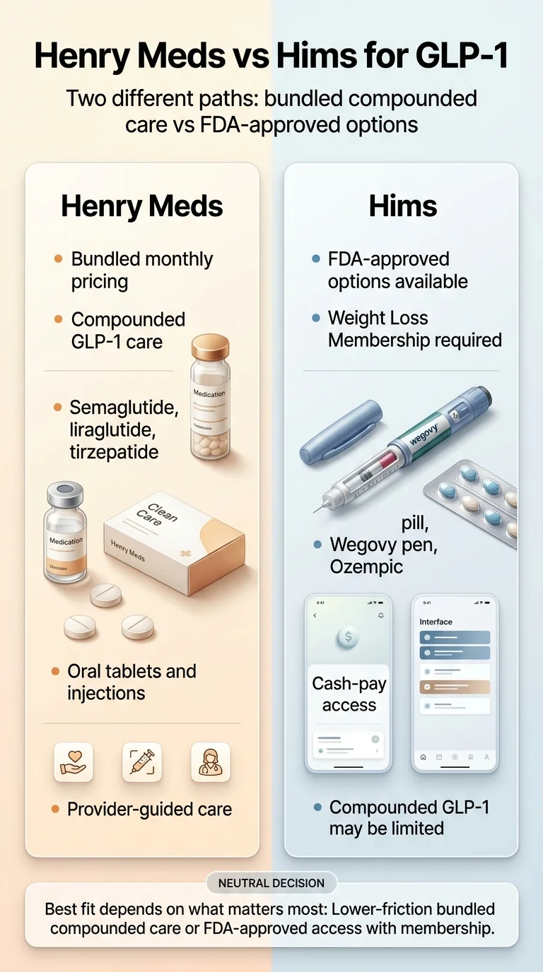 Henry Meds vs Hims for GLP-1 side-by-side overview. Henry Meds (left, warm beige): bundled monthly pricing, compounded GLP-1 care, semaglutide and liraglutide and tirzepatide, oral tablets and injections, provider-guided care. Hims (right, cool blue): FDA-approved options available, Weight Loss Membership required, Wegovy pill plus pen plus Ozempic, cash-pay access, compounded GLP-1 may be limited. Bottom: Best fit depends on what matters most — lower-friction bundled compounded care or FDA-approved access with membership.