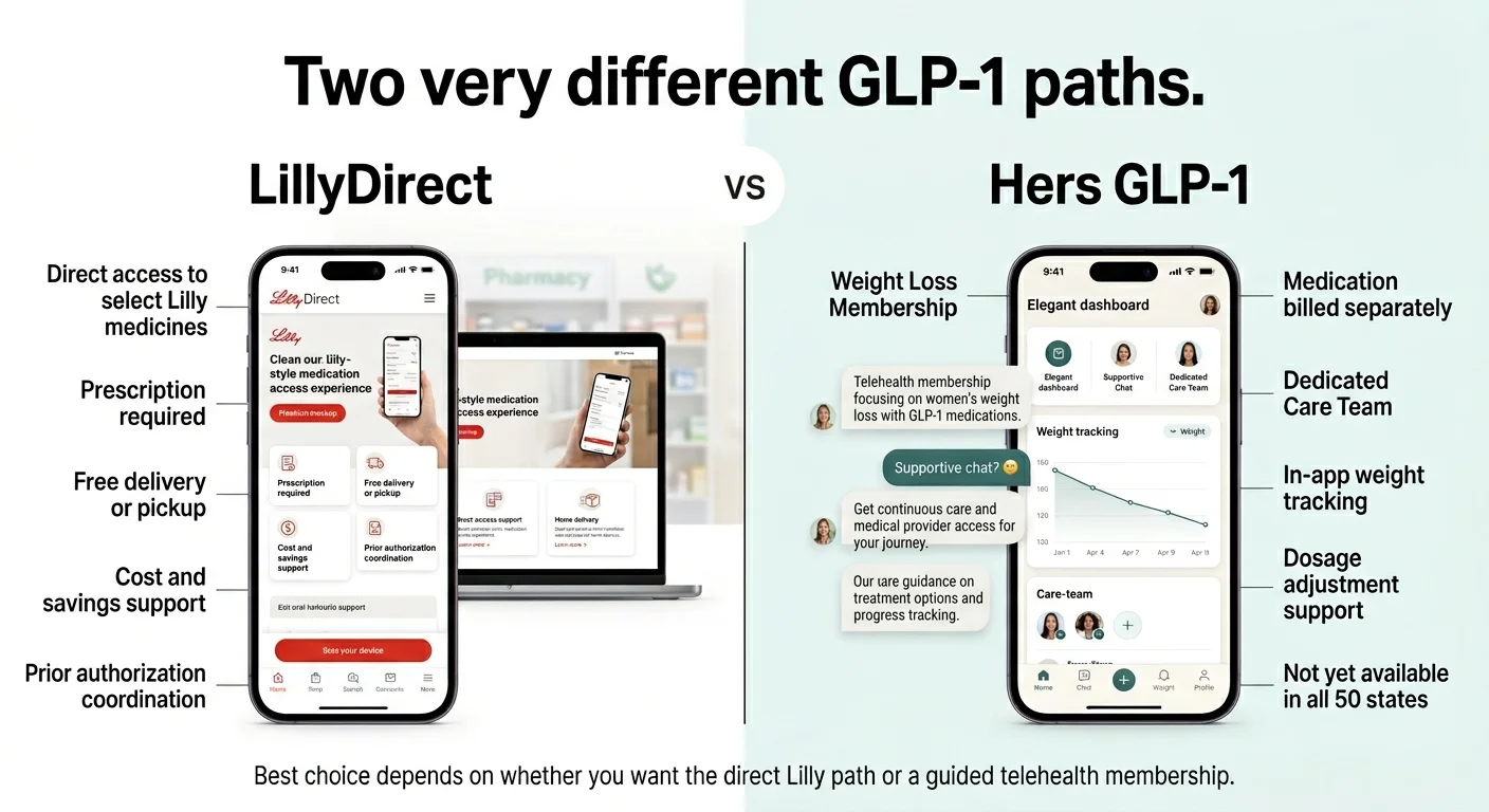 LillyDirect vs Hers GLP-1: Two very different GLP-1 paths. LillyDirect: direct access to select Lilly medicines, prescription required, free delivery or pickup, cost and savings support, prior authorization coordination. Hers: medication billed separately from membership, dedicated Care Team, in-app weight tracking, dosage adjustment support, not yet available in all 50 states. Best choice depends on whether you want the direct Lilly path or a guided telehealth membership.