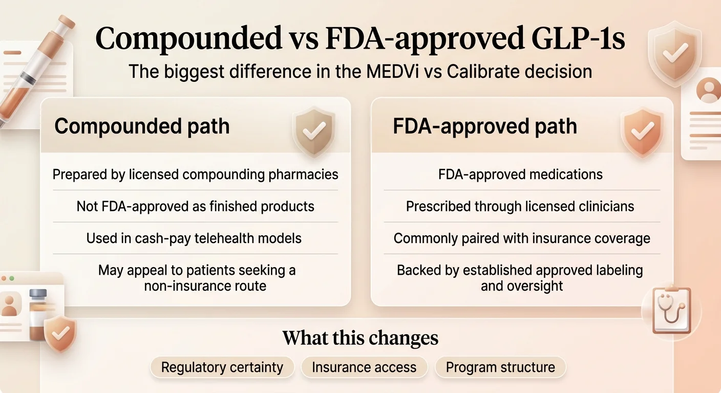 Compounded vs FDA-approved GLP-1s — the biggest difference in the MEDVi vs Calibrate decision. Compounded path: Prepared by licensed compounding pharmacies, Not FDA-approved as finished products, Used in cash-pay telehealth models, May appeal to patients seeking a non-insurance route. FDA-approved path: FDA-approved medications, Prescribed through licensed clinicians, Commonly paired with insurance coverage, Backed by established approved labeling and oversight. What this changes: Regulatory certainty, Insurance access, Program structure.