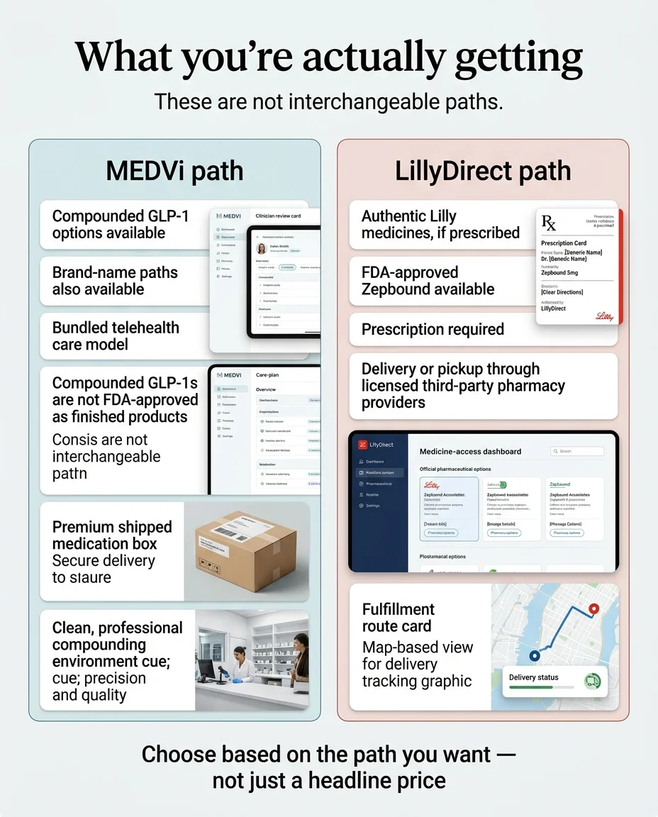 What you're actually getting — these are not interchangeable paths. MEDVi path (left): Compounded GLP-1 options available, Brand-name paths also available, Bundled telehealth care model, Compounded GLP-1s are not FDA-approved as finished products, Premium shipped medication box, Clean professional compounding environment. LillyDirect path (right): Authentic Lilly medicines if prescribed, FDA-approved Zepbound available, Prescription required, Delivery or pickup through licensed third-party pharmacy providers, Medicine-access dashboard showing official pharmaceutical options, Fulfillment route card with delivery tracking. Bottom caption: Choose based on the path you want — not just a headline price.