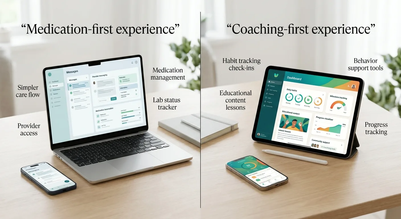 MEDVi medication-first experience: simpler care flow, provider access, medication management, lab status tracker. Noom coaching-first experience: habit tracking check-ins, educational content lessons, behavior support tools, milestone tracking, progress tracking, community support.