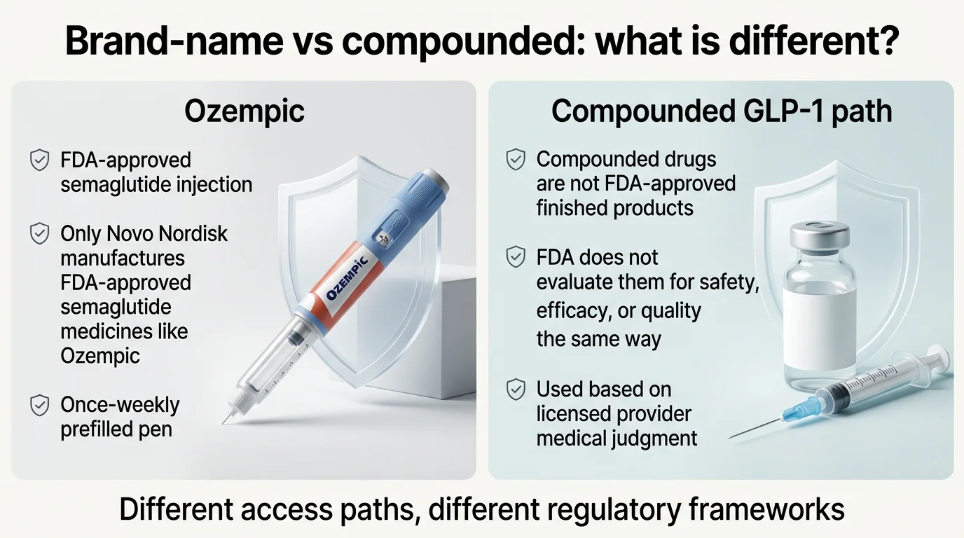 Brand-name vs compounded: what is different? Ozempic (left panel): FDA-approved semaglutide injection, Only Novo Nordisk manufactures FDA-approved semaglutide medicines like Ozempic, Once-weekly prefilled pen, with shield icon. Compounded GLP-1 path (right panel): Compounded drugs are not FDA-approved finished products, FDA does not evaluate them for safety, efficacy, or quality the same way, Used based on licensed provider medical judgment, with vial and syringe image. Caption: Different access paths, different regulatory frameworks.