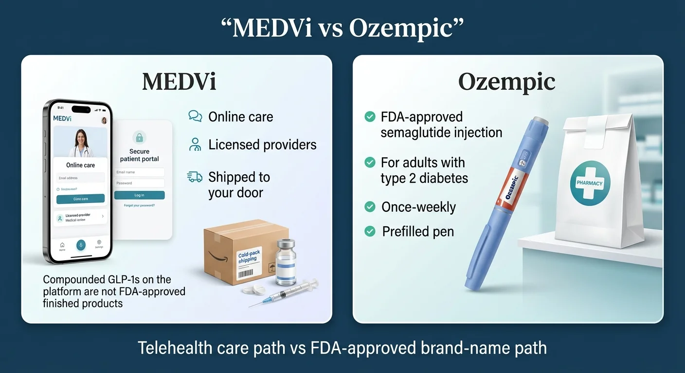 MEDVi vs Ozempic: telehealth care path vs FDA-approved brand-name path. MEDVi (left panel): online care, licensed providers, shipped to your door, compounded GLP-1s on the platform are not FDA-approved finished products. Ozempic (right panel): FDA-approved semaglutide injection, for adults with type 2 diabetes, once-weekly, prefilled pen. Caption: Telehealth care path vs FDA-approved brand-name path.