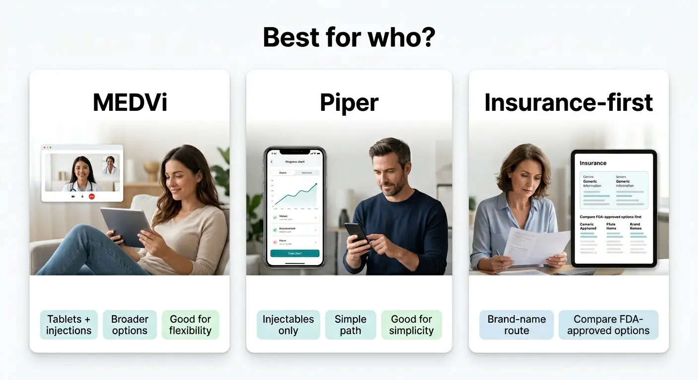 Best for who? Three panels side by side. MEDVi (left): woman using tablet for telehealth video call — best for tablets and injections, broader options, good for flexibility. Piper (center): man using smartphone with progress chart app — best for injectables only, simple path, good for simplicity. Insurance-first (right): woman reviewing insurance documents with tablet showing generic and brand-name comparisons — best for brand-name route, compare FDA-approved options first.