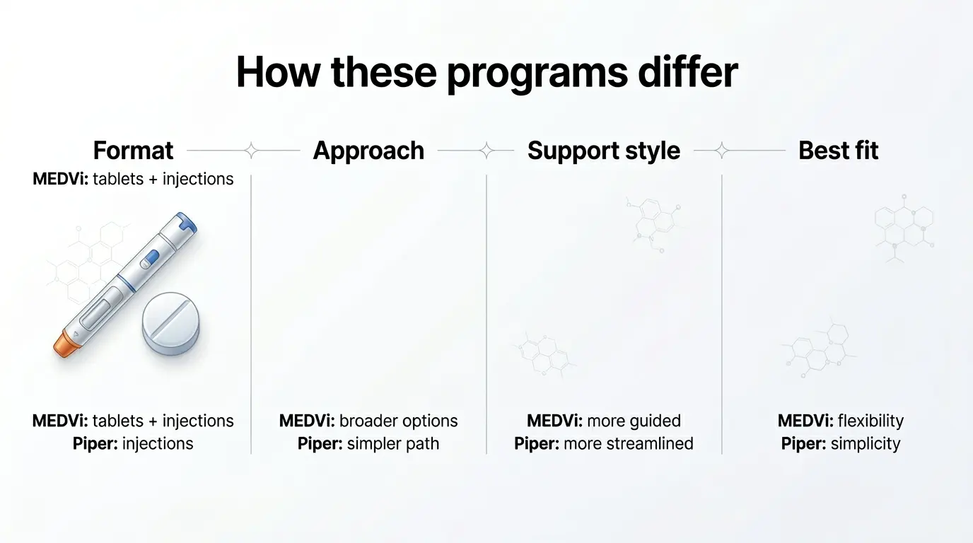 How these programs differ — four dimensions comparing MEDVi and Piper. Format: MEDVi offers tablets and injections; Piper offers injections only. Approach: MEDVi provides broader options; Piper provides a simpler path. Support style: MEDVi is more guided; Piper is more streamlined. Best fit: MEDVi for flexibility; Piper for simplicity.