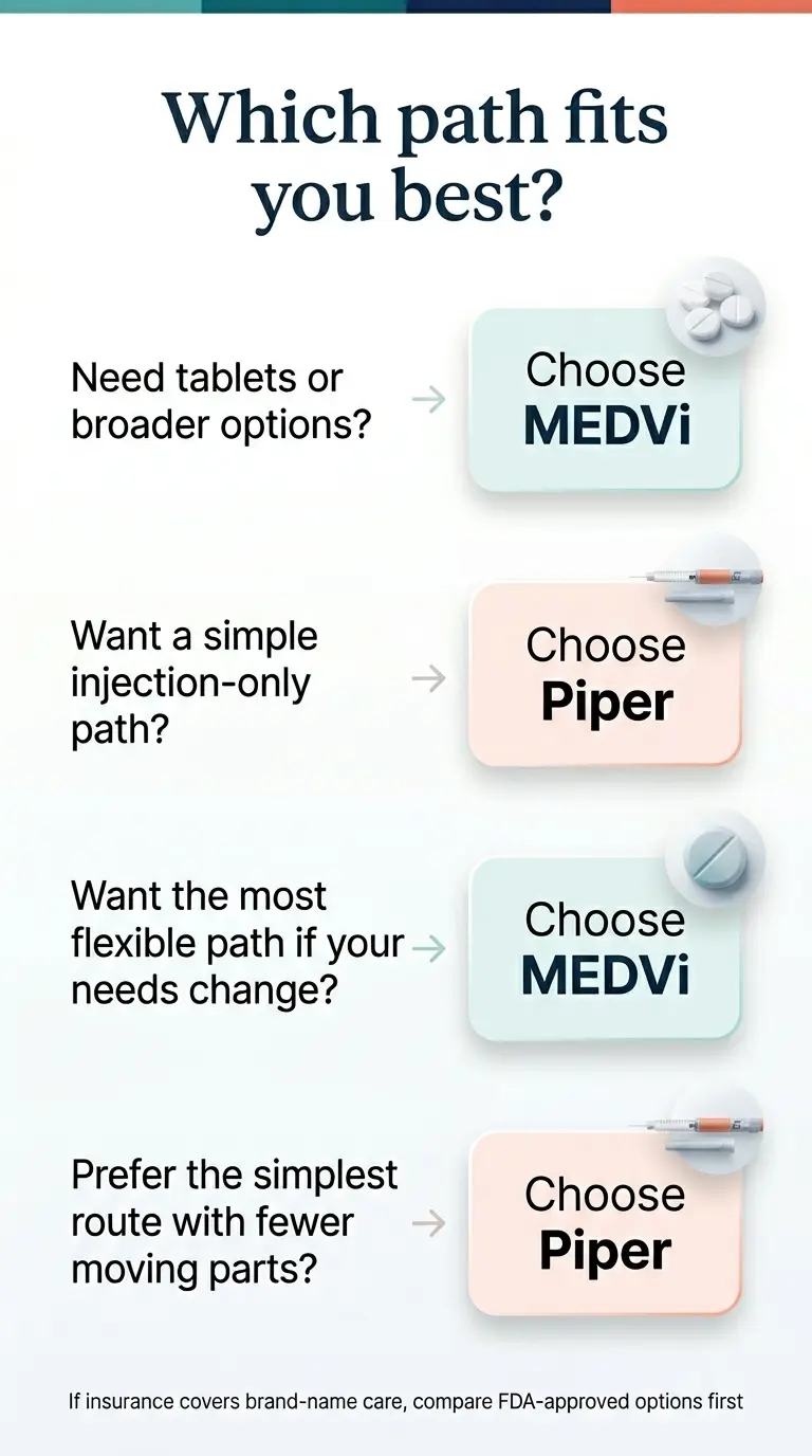 Which path fits you best? Decision guide. Need tablets or broader options? → Choose MEDVi. Want a simple injection-only path? → Choose Piper. Want the most flexible path if your needs change? → Choose MEDVi. Prefer the simplest route with fewer moving parts? → Choose Piper. Footer note: If insurance covers brand-name care, compare FDA-approved options first.