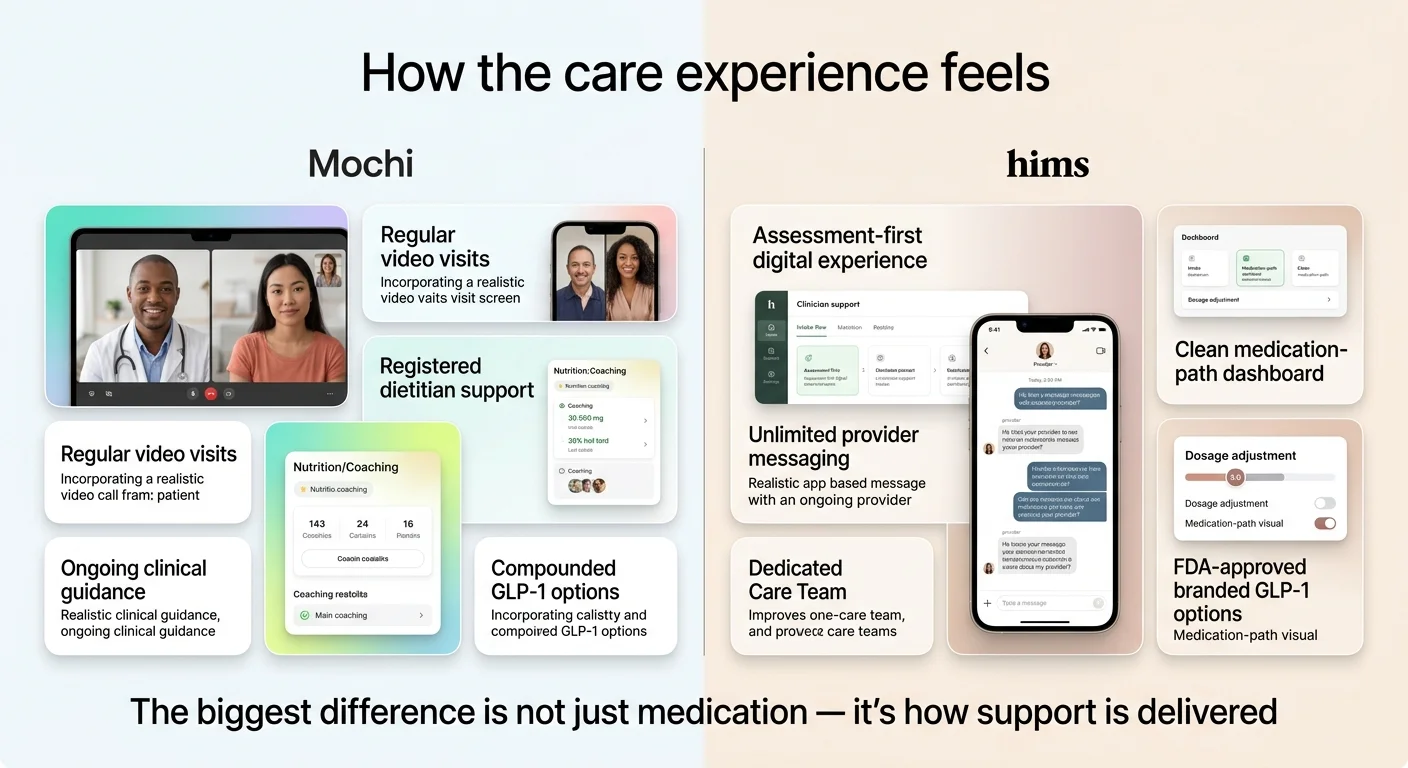 How the care experience feels: Mochi (left) offers regular video visits with a realistic video call format, registered dietitian support with nutrition coaching, ongoing clinical guidance, and compounded GLP-1 options. Hims (right) offers an assessment-first digital experience, unlimited provider messaging through app-based chat, a dedicated care team, a clean medication-path dashboard, dosage adjustment tools, and FDA-approved branded GLP-1 options. The biggest difference is not just medication — it's how support is delivered.
