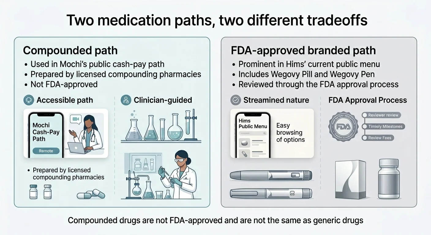Two medication paths, two different tradeoffs. Compounded path (Mochi's public cash-pay path): used in Mochi's cash-pay path, prepared by licensed compounding pharmacies, not FDA-approved, accessible path, clinician-guided. FDA-approved branded path (Hims): prominent in Hims' current public menu, includes Wegovy Pill and Wegovy Pen, reviewed through the FDA approval process, streamlined nature. Compounded drugs are not FDA-approved and are not the same as generic drugs.