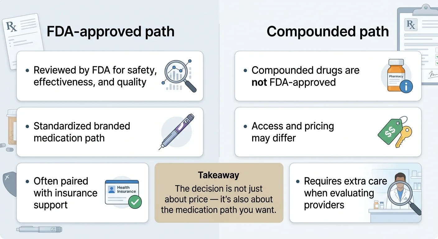 FDA-approved path vs Compounded path. FDA-approved: reviewed by FDA for safety, effectiveness, and quality; standardized branded medication path; often paired with insurance support. Compounded: drugs are not FDA-approved; access and pricing may differ; requires extra care when evaluating providers. Takeaway: The decision is not just about price — it's also about the medication path you want.
