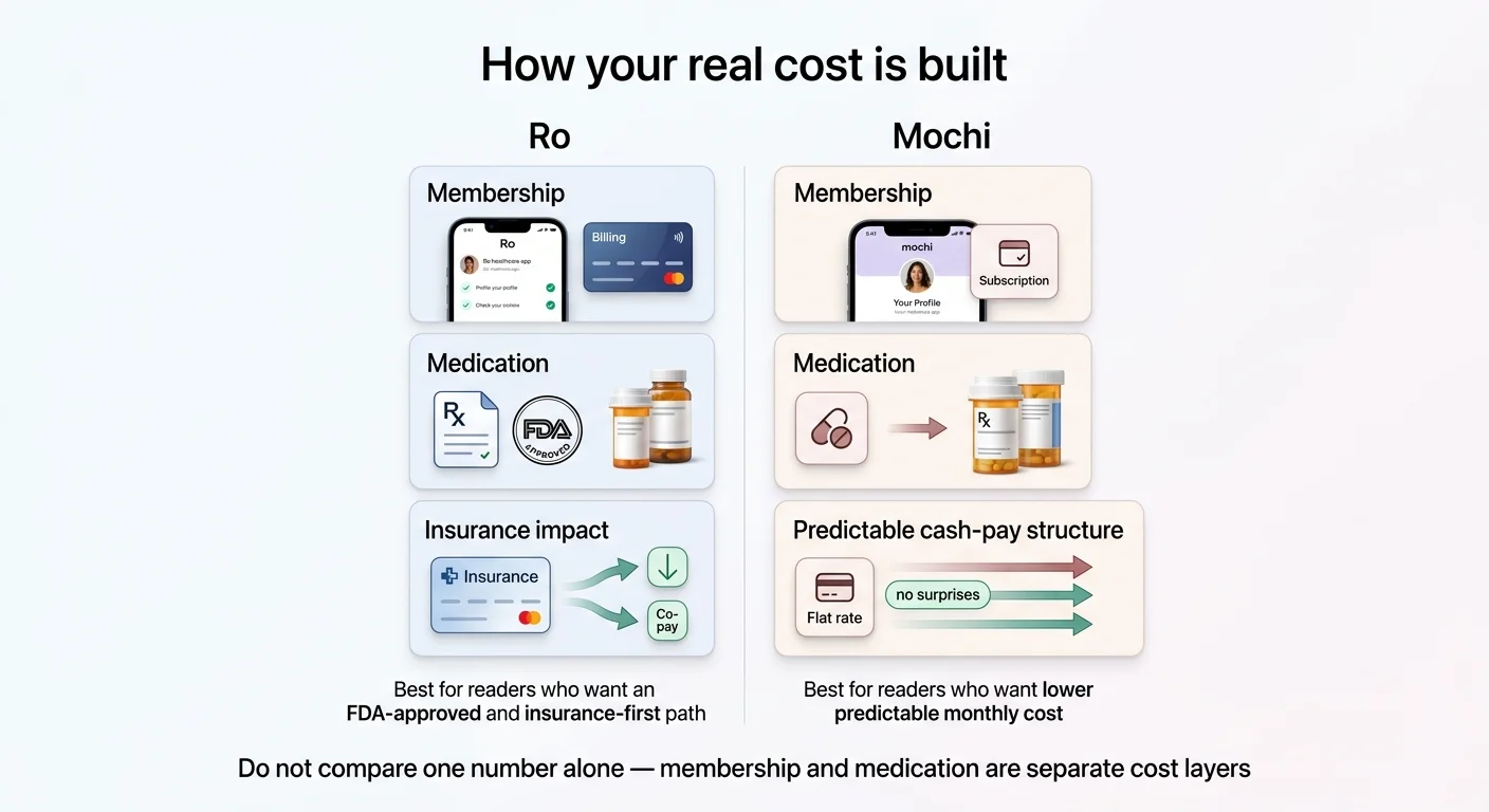 How your real cost is built. Ro: Membership + Medication (FDA-approved) + Insurance impact (reduces to copay). Best for FDA-approved and insurance-first path. Mochi: Membership + Medication (compounded) + Predictable cash-pay structure (flat rate, no surprises). Best for lower predictable monthly cost. Do not compare one number alone — membership and medication are separate cost layers.