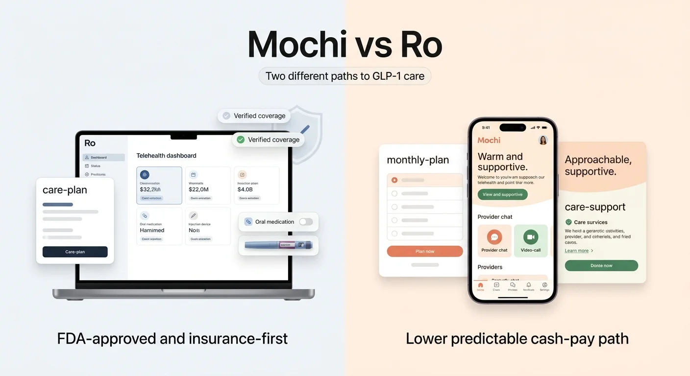 Mochi vs Ro: two different paths to GLP-1 care. Ro: FDA-approved and insurance-first — verified coverage, telehealth dashboard with care plan and prescription tracking. Mochi: lower predictable cash-pay path — warm and supportive monthly plan, provider chat, video-call, care support features.