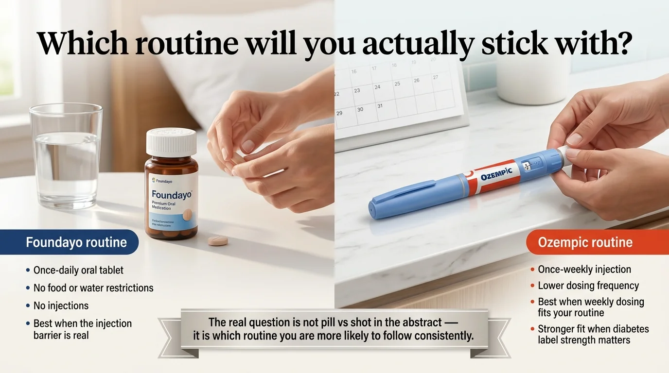 Which routine will you actually stick with? Foundayo daily pill vs Ozempic weekly injection comparison