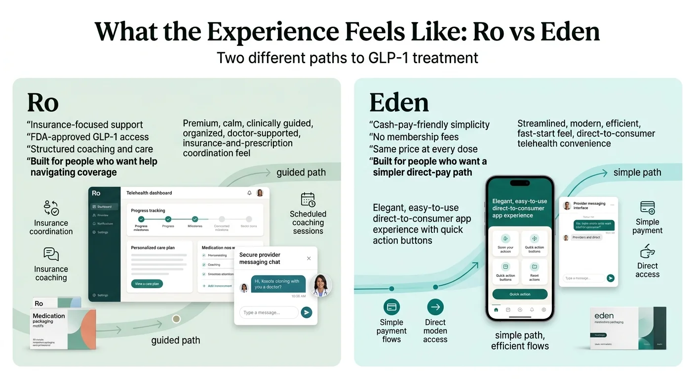 What the Experience Feels Like: Ro vs Eden — two different paths to GLP-1 treatment. Ro: insurance-focused support, FDA-approved GLP-1 access, structured coaching and care, built for people who want help navigating coverage — premium, calm, clinically guided. Eden: cash-pay-friendly simplicity, no membership fees, same price at every dose, built for people who want a simpler direct-pay path — streamlined, modern, efficient, fast-start feel.