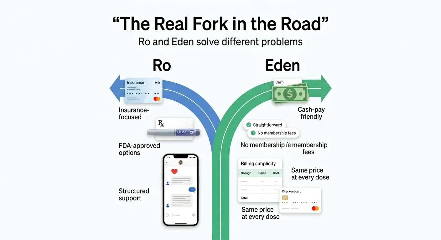 The Real Fork in the Road — Ro and Eden solve different problems. Ro: insurance-focused, FDA-approved options (Wegovy, Zepbound), structured support. Eden: cash-pay friendly, no membership fees, billing simplicity with same price at every dose.