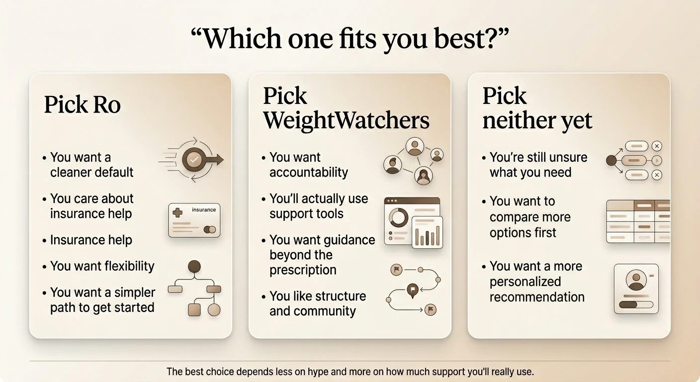 Which one fits you best? Pick Ro if you want a cleaner default, care about insurance help, want flexibility, and want a simpler path to get started. Pick WeightWatchers if you want accountability, will actually use support tools, want guidance beyond the prescription, and like structure and community. Pick neither yet if you're still unsure what you need, want to compare more options first, or want a more personalized recommendation. The best choice depends less on hype and more on how much support you'll really use.