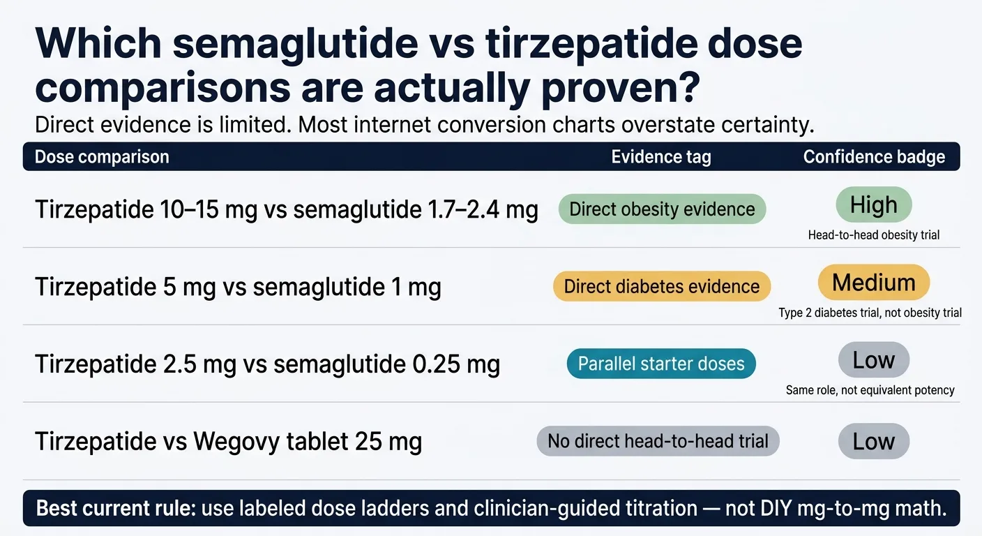 Which semaglutide vs tirzepatide dose comparisons are actually proven? Evidence confidence matrix: Tirzepatide 10–15 mg vs semaglutide 1.7–2.4 mg — Direct obesity evidence, High confidence (head-to-head obesity trial SURMOUNT-5). Tirzepatide 5 mg vs semaglutide 1 mg — Direct diabetes evidence, Medium confidence (type 2 diabetes trial, not obesity). Tirzepatide 2.5 mg vs semaglutide 0.25 mg — Parallel starter doses, Low confidence (same role, not equivalent potency). Tirzepatide vs Wegovy tablet 25 mg — No direct head-to-head trial, Low confidence. Best current rule: use labeled dose ladders and clinician-guided titration, not DIY mg-to-mg math.