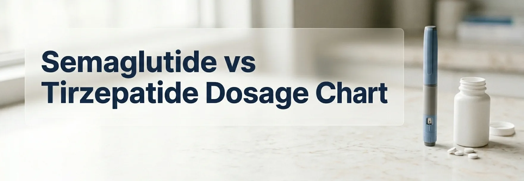 Semaglutide vs Tirzepatide Dosage Chart — injection pen and pill bottle on marble countertop illustrating the two medication delivery paths