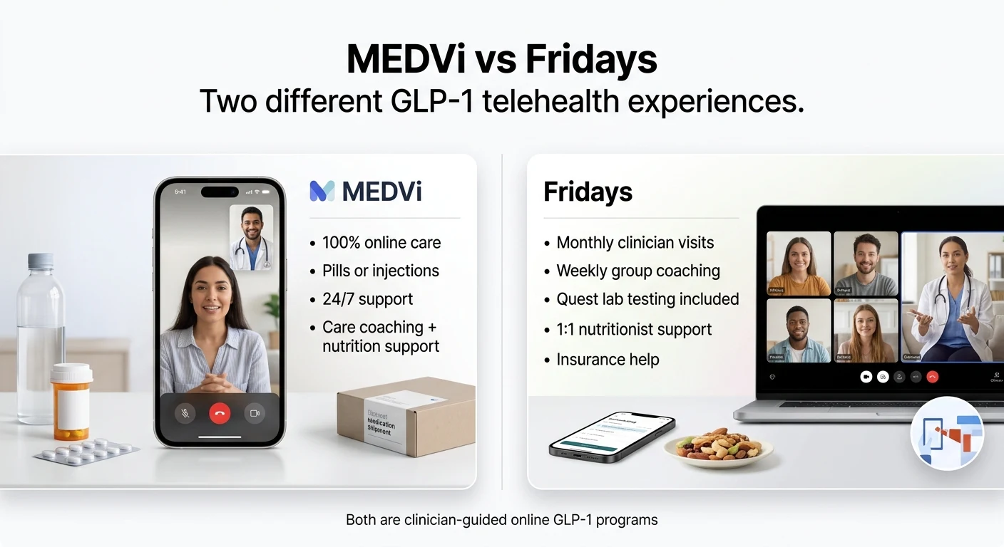 MEDVi vs Fridays — two different GLP-1 telehealth experiences side by side: MEDVi features 100% online care, pills or injections, 24/7 support, and care coaching plus nutrition support; Fridays features monthly clinician visits, weekly group coaching, Quest lab testing included, 1:1 nutritionist support, and insurance help. Both are clinician-guided online GLP-1 programs.