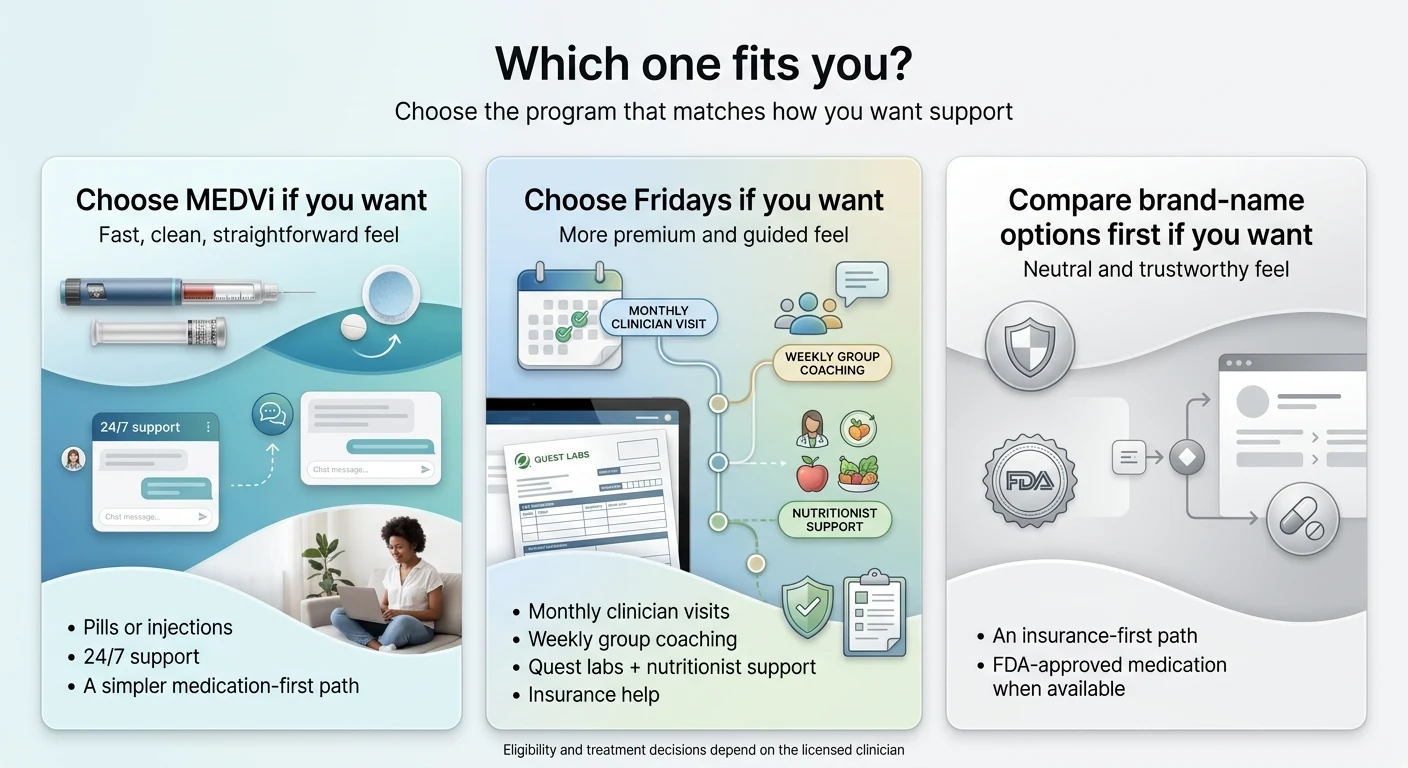 Which GLP-1 program fits you: Choose MEDVi for a fast clean straightforward medication-first approach with pills or injections, 24/7 support, and a simpler path. Choose Fridays for a more premium and guided experience with monthly clinician visits, weekly group coaching, Quest labs plus nutritionist support, and insurance help. Compare brand-name options first if you want an insurance-first path with FDA-approved medication when available.