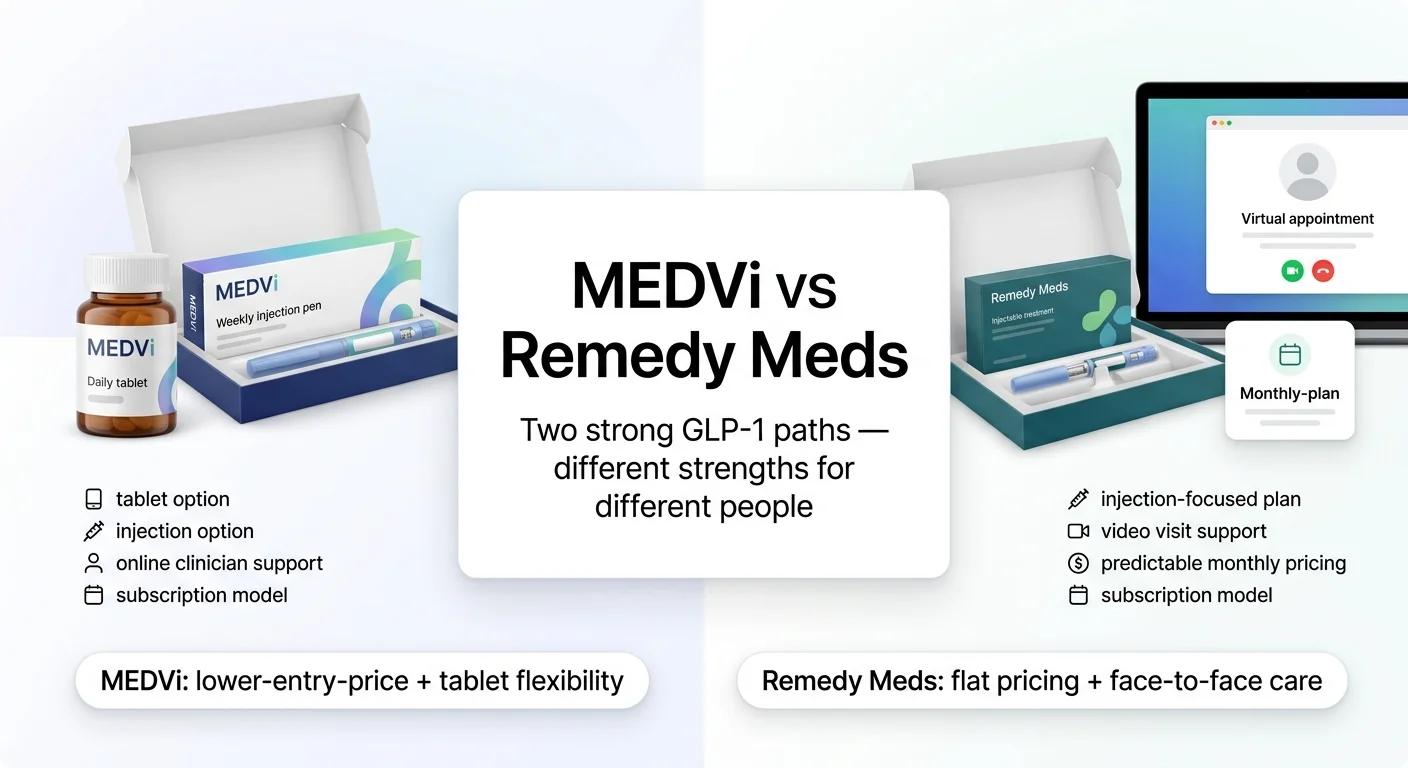MEDVi vs Remedy Meds \u2014 two strong GLP-1 paths with different strengths: MEDVi (left) shows a daily tablet bottle and weekly injection pen with features including tablet option, injection option, online clinician support, and subscription model; Remedy Meds (right) shows an injectable treatment and virtual appointment screen with features including injection-focused plan, video visit support, predictable monthly pricing, and subscription model