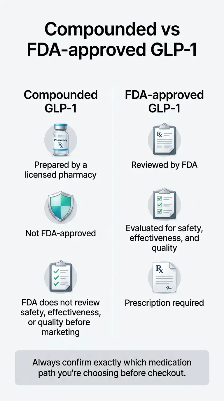 Compounded vs FDA-approved GLP-1 comparison: compounded GLP-1 is prepared by a licensed pharmacy, not FDA-approved, FDA does not review safety effectiveness or quality before marketing. FDA-approved GLP-1 is reviewed by FDA, evaluated for safety effectiveness and quality, and requires a prescription. Always confirm which medication path you are choosing before checkout.