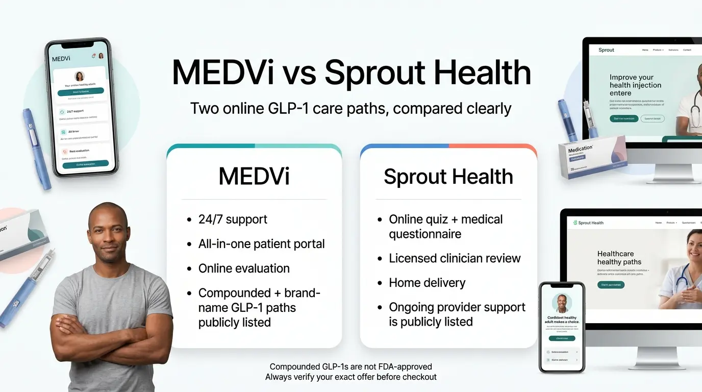 MEDVi vs Sprout Health — two online GLP-1 care paths compared clearly. MEDVi features 24/7 support, all-in-one patient portal, online evaluation, and compounded plus brand-name GLP-1 paths. Sprout Health features online quiz with medical questionnaire, licensed clinician review, home delivery, and ongoing provider support.