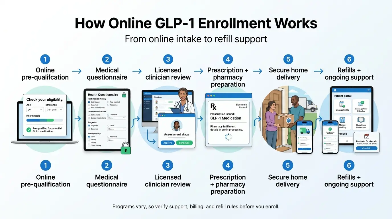 How online GLP-1 enrollment works from intake to refill support: Step 1 online pre-qualification, Step 2 medical questionnaire, Step 3 licensed clinician review, Step 4 prescription plus pharmacy preparation, Step 5 secure home delivery, Step 6 refills and ongoing support