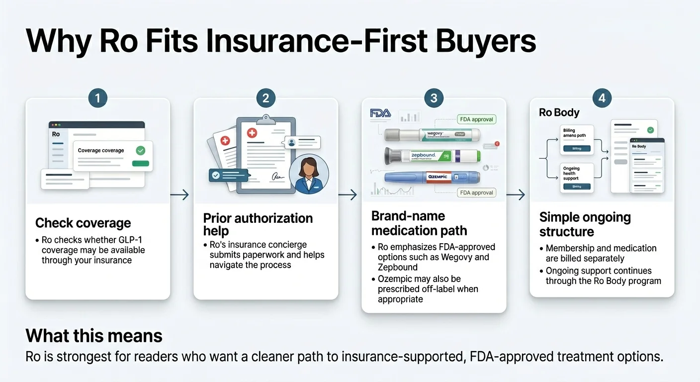 Why Ro fits insurance-first buyers: Step 1 check coverage, Step 2 prior authorization help with dedicated concierge, Step 3 brand-name medication path with FDA-approved Wegovy and Zepbound, Step 4 simple ongoing Ro Body structure with membership and medication billed separately