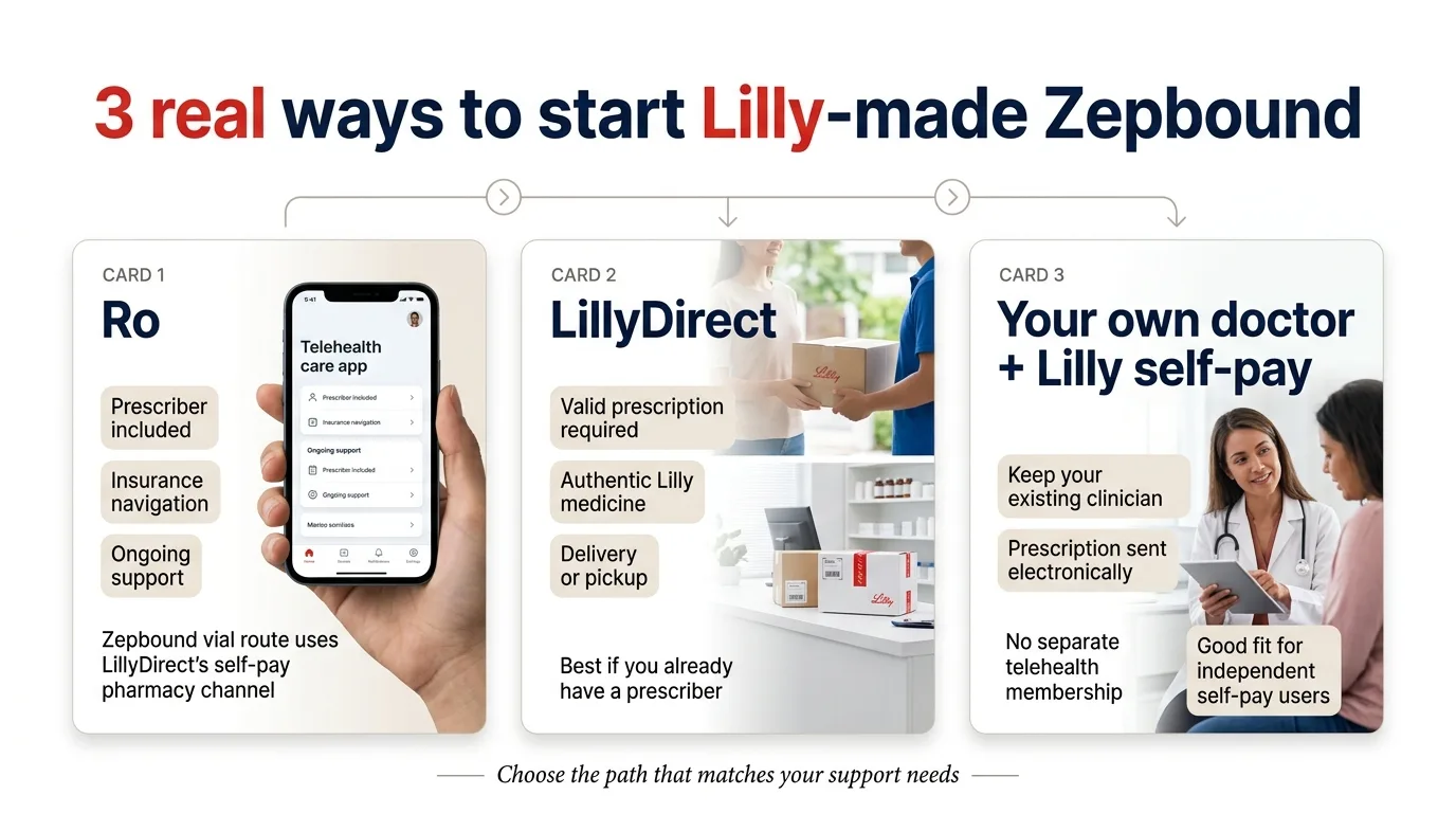 3 real ways to start Lilly-made Zepbound. Card 1: Ro — prescriber included, insurance navigation, ongoing support; Zepbound vial route uses LillyDirect's self-pay pharmacy channel. Card 2: LillyDirect — valid prescription required, authentic Lilly medicine, delivery or pickup; best if you already have a prescriber. Card 3: Your own doctor plus Lilly self-pay — keep your existing clinician, prescription sent electronically, no separate telehealth membership, good fit for independent self-pay users. Choose the path that matches your support needs.