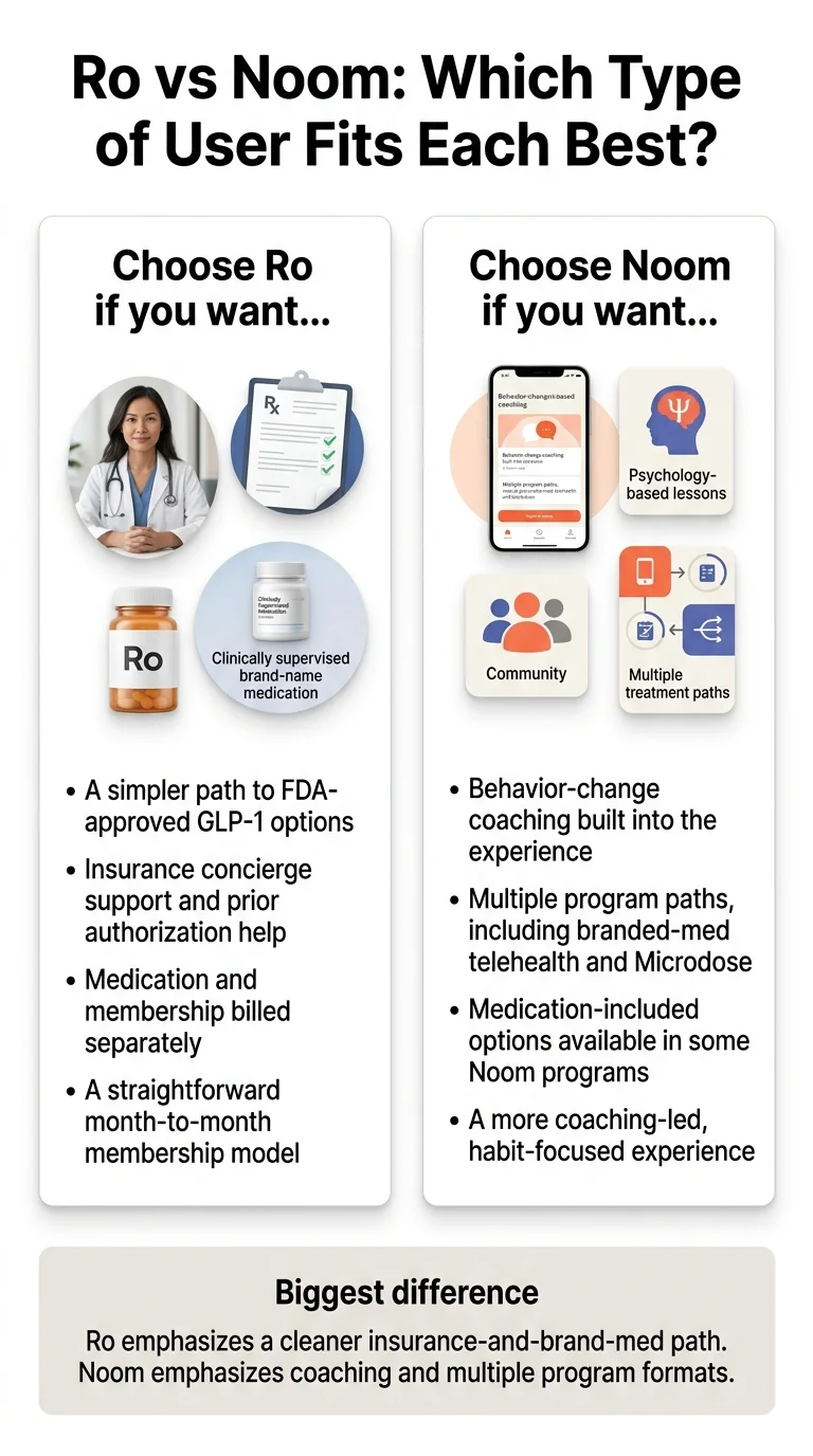 Ro vs Noom: which type of user fits each best. Choose Ro for a simpler path to FDA-approved GLP-1 options, insurance concierge support, and month-to-month billing. Choose Noom for behavior-change coaching, multiple program paths including Microdose, and medication-included options.