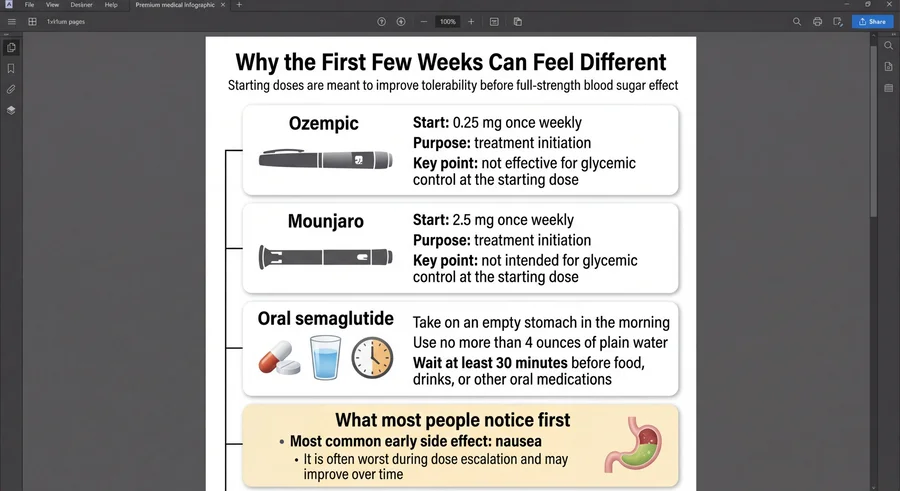 Starting doses for Ozempic (0.25mg), Mounjaro (2.5mg), and oral semaglutide — why starter doses are not for glycemic control and what to expect in the first few weeks