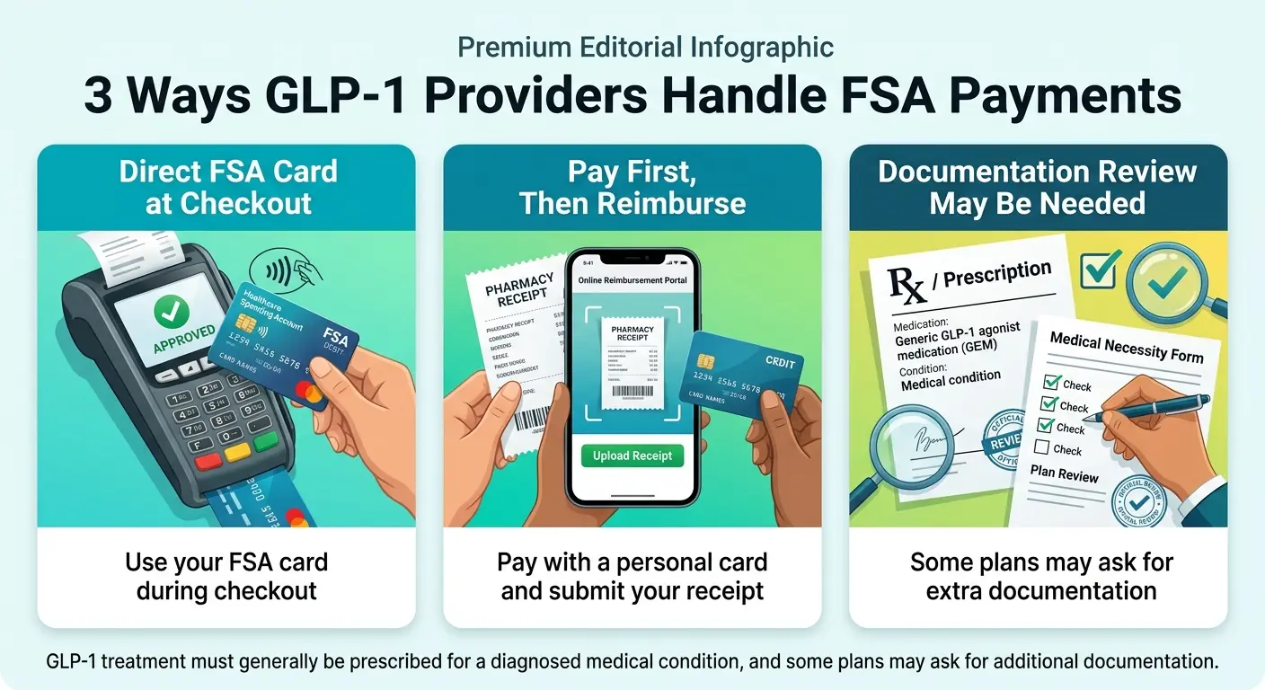3 ways GLP-1 providers handle FSA payments: (1) Direct FSA Card at Checkout — use your FSA card during checkout, provider example: MEDVi, Shed. (2) Pay First, Then Reimburse — pay with a personal card and submit your receipt to your FSA administrator. (3) Documentation Review May Be Needed — some plans may ask for extra documentation like a Letter of Medical Necessity and prescription. GLP-1 treatment must generally be prescribed for a diagnosed medical condition.