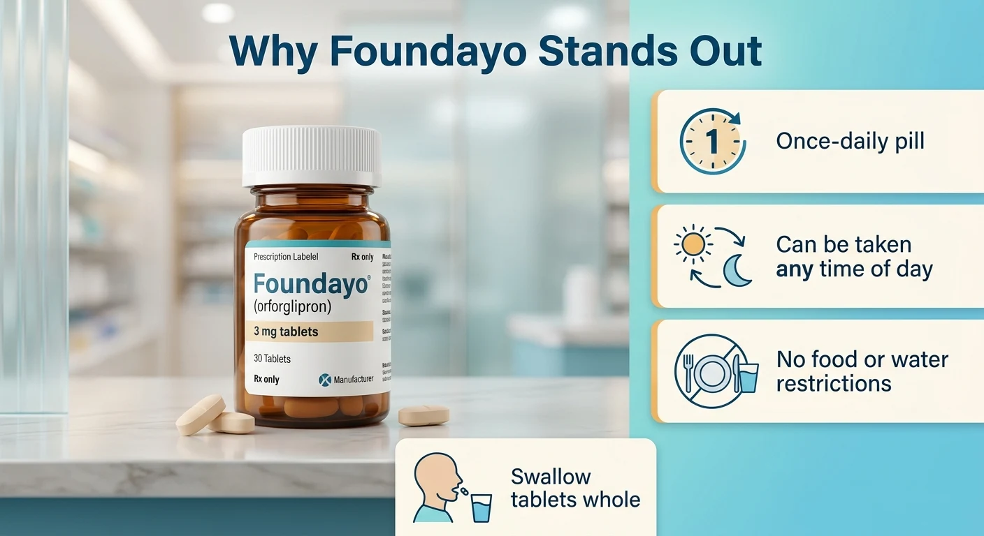 Why Foundayo stands out: once-daily pill that can be taken any time of day with no food or water restrictions — swallow tablets whole. Foundayo 3mg tablets, 30 count, Rx only