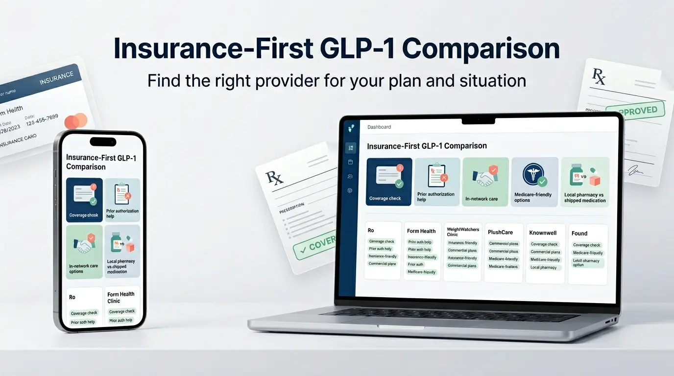 Insurance-first GLP-1 comparison — coverage check, prior authorization help, in-network care, Medicare-friendly options, and local pharmacy vs shipped medication across Ro, Form Health, WeightWatchers Clinic, PlushCare, Knownwell, and Found