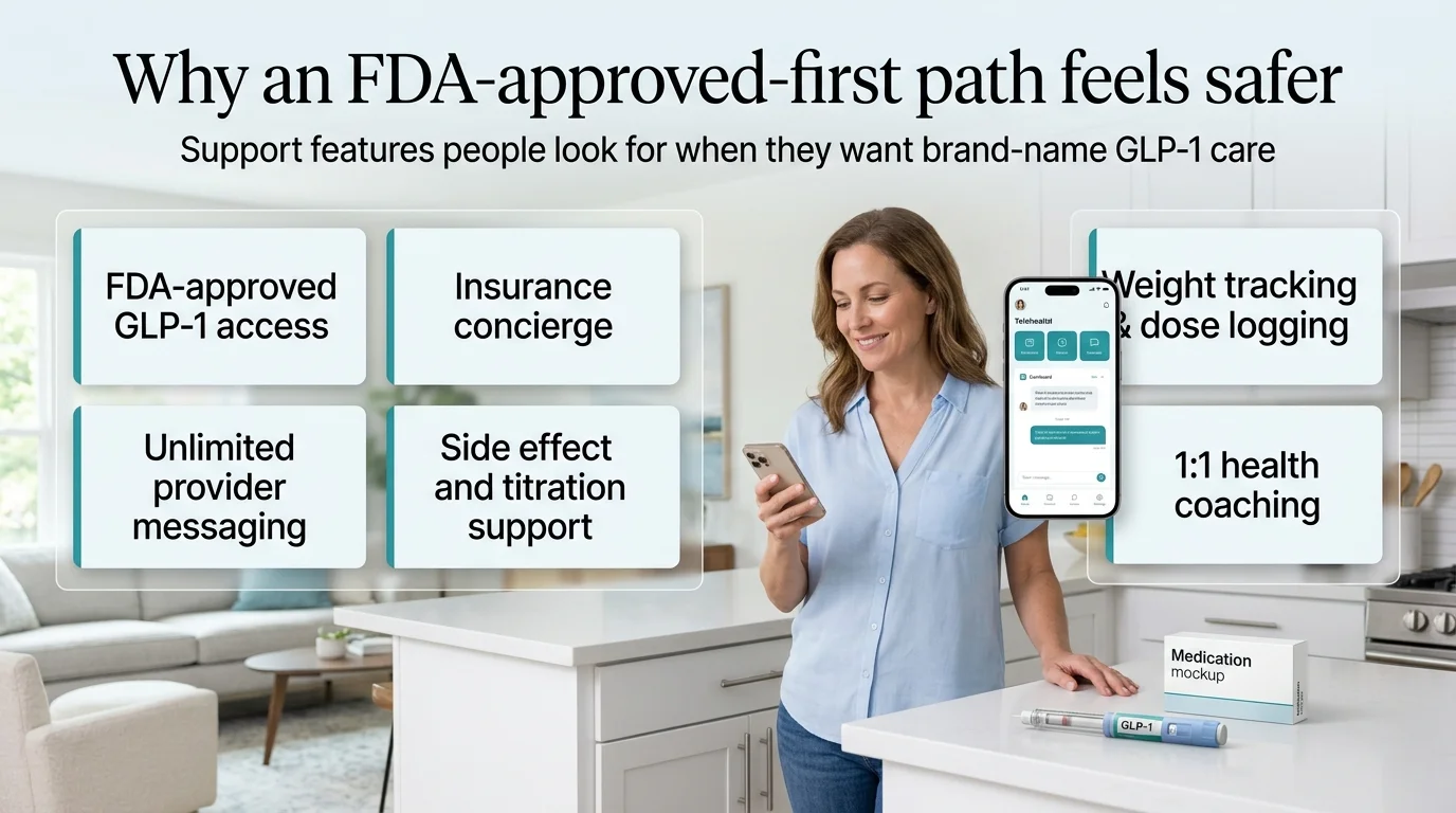 Why the FDA-approved first path feels safer — Ro offers clinical trials, inspected manufacturing, standardized dosing, and documented outcomes with Wegovy and Zepbound