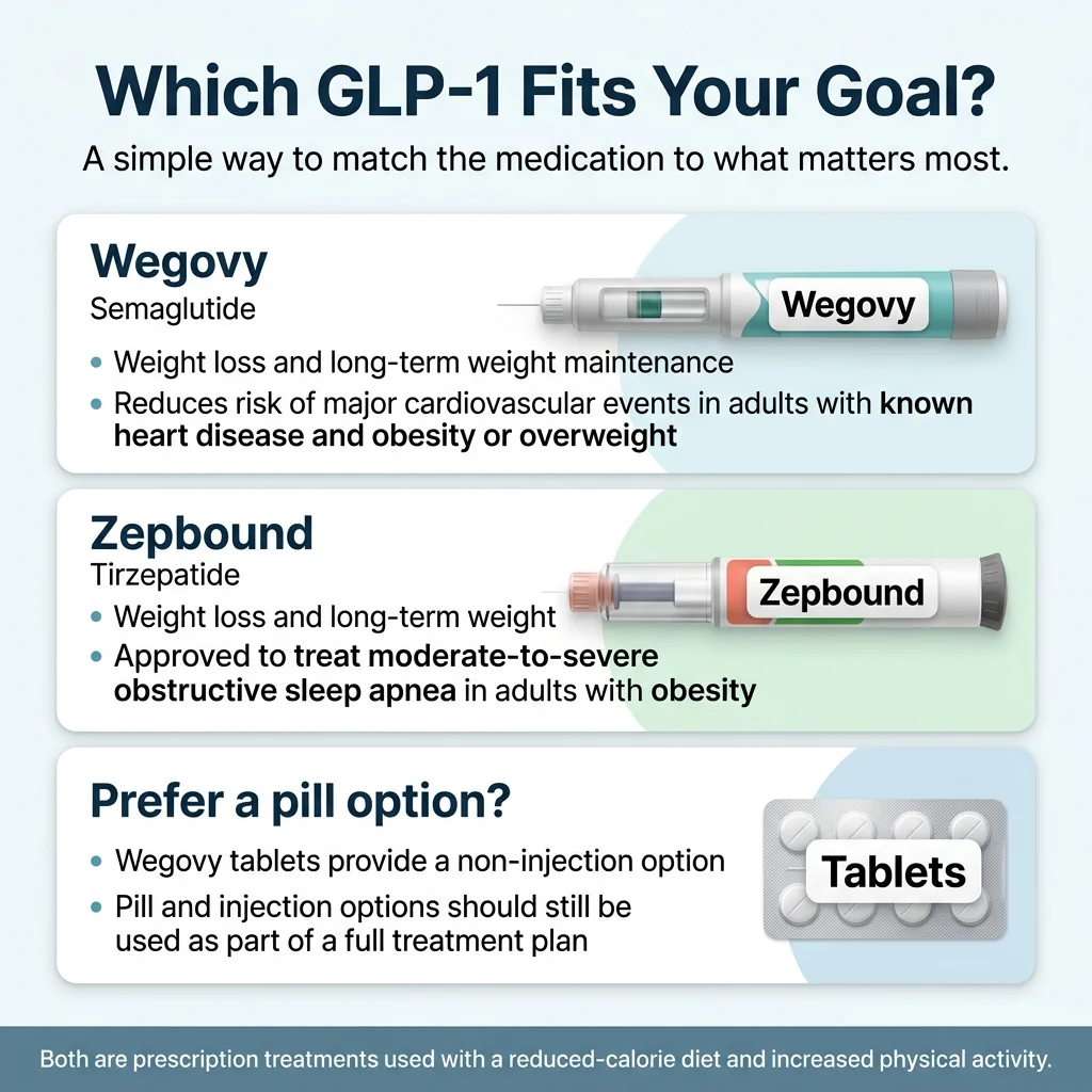 Which GLP-1 medication fits your goal — Zepbound for maximum weight loss, Wegovy for cardiovascular protection, oral Wegovy if you want a pill not an injection, Zepbound for sleep apnea